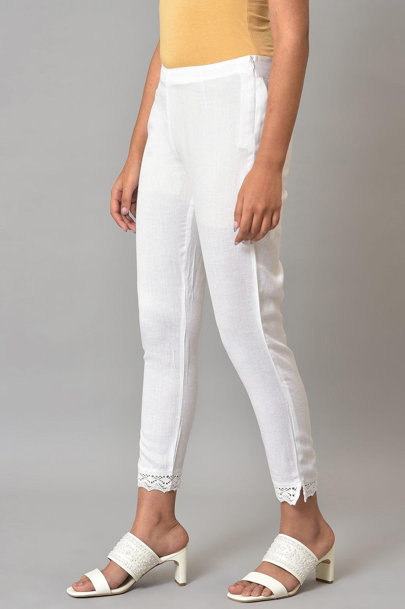 Plus Size White Slim Pants With Lace Detail - Image 3