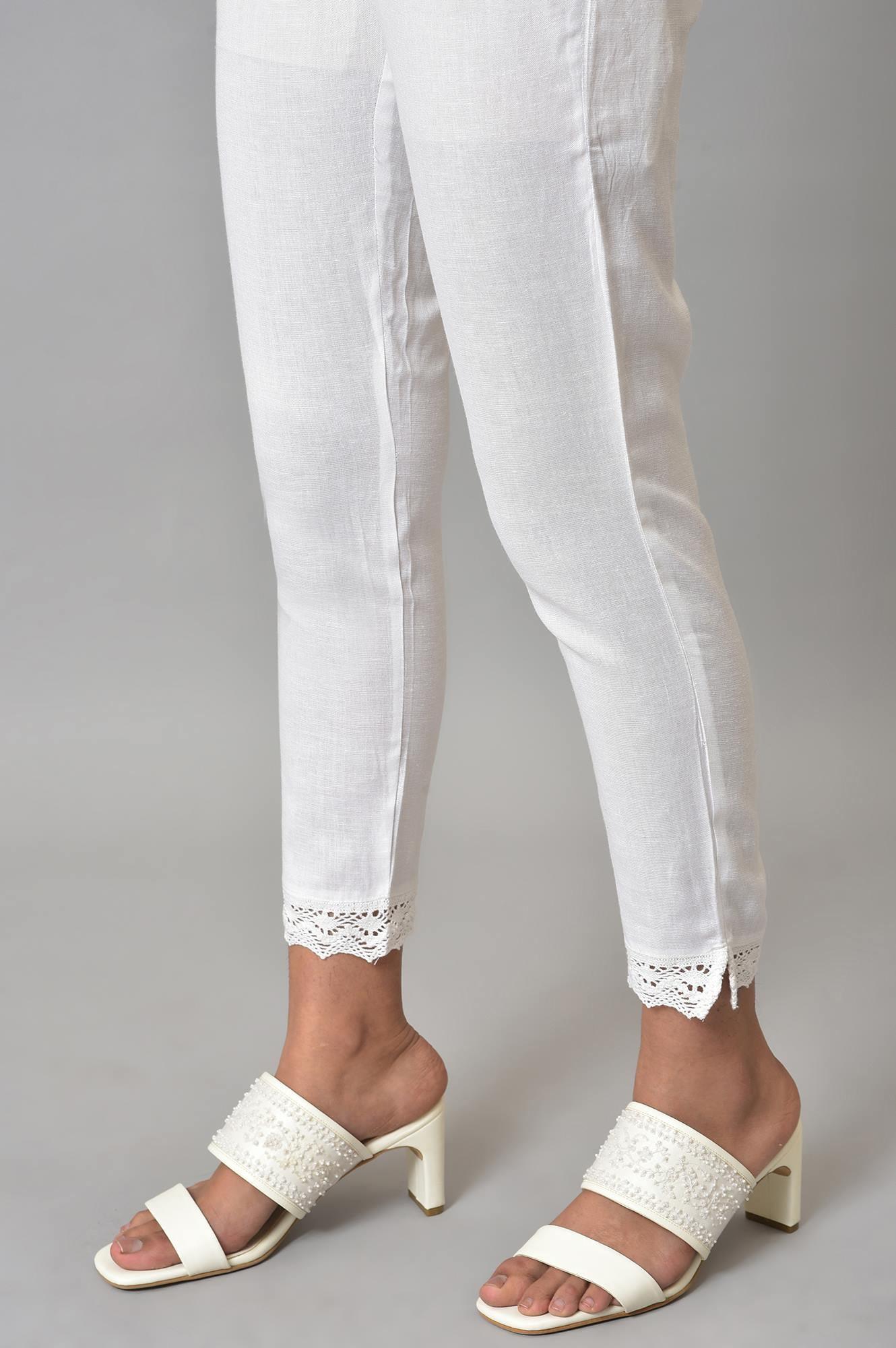 Plus Size White Slim Pants With Lace Detail - Image 8