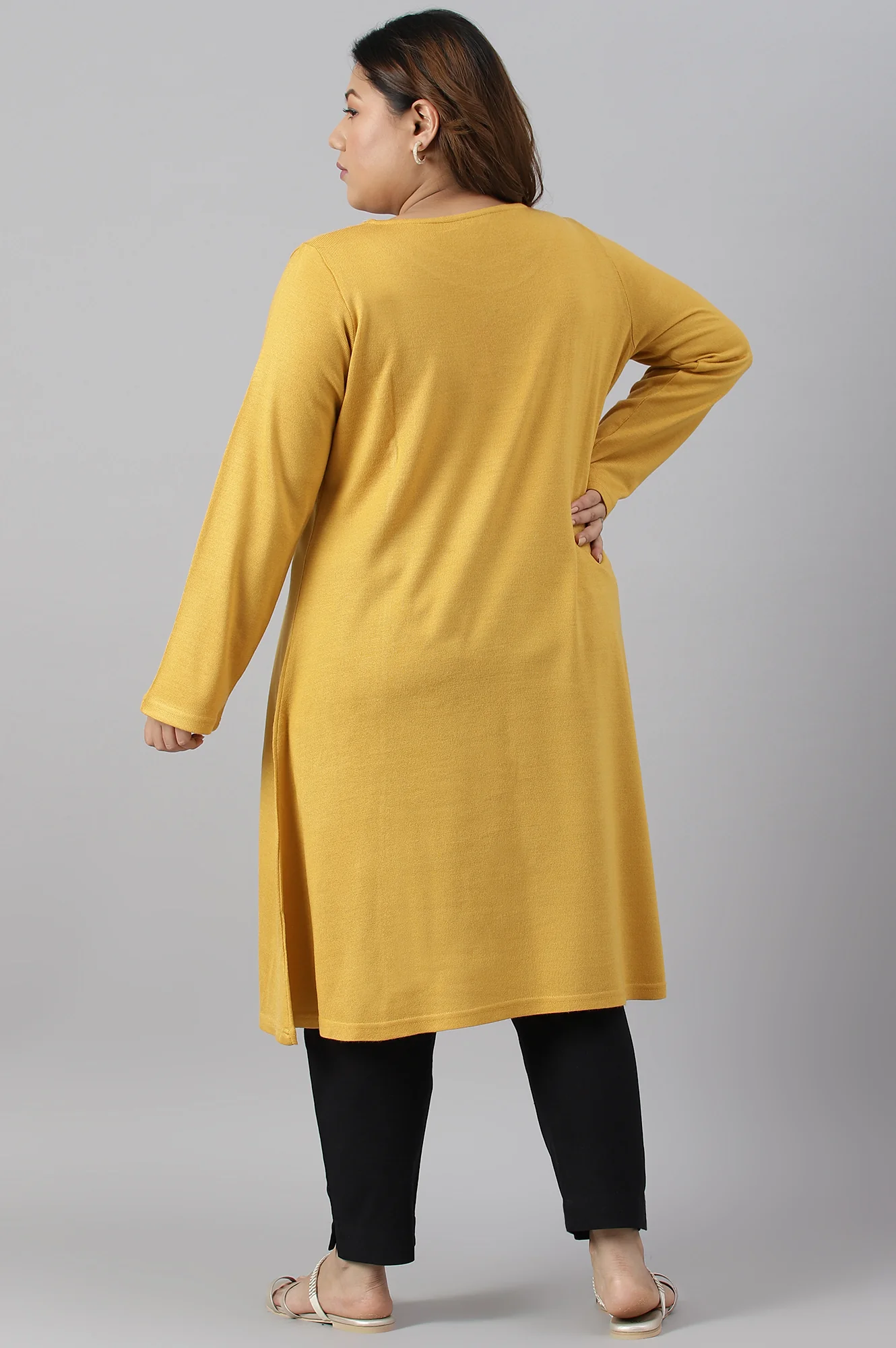 Plus Size Yellow A-Line Embroidered Winter kurta - Image 2