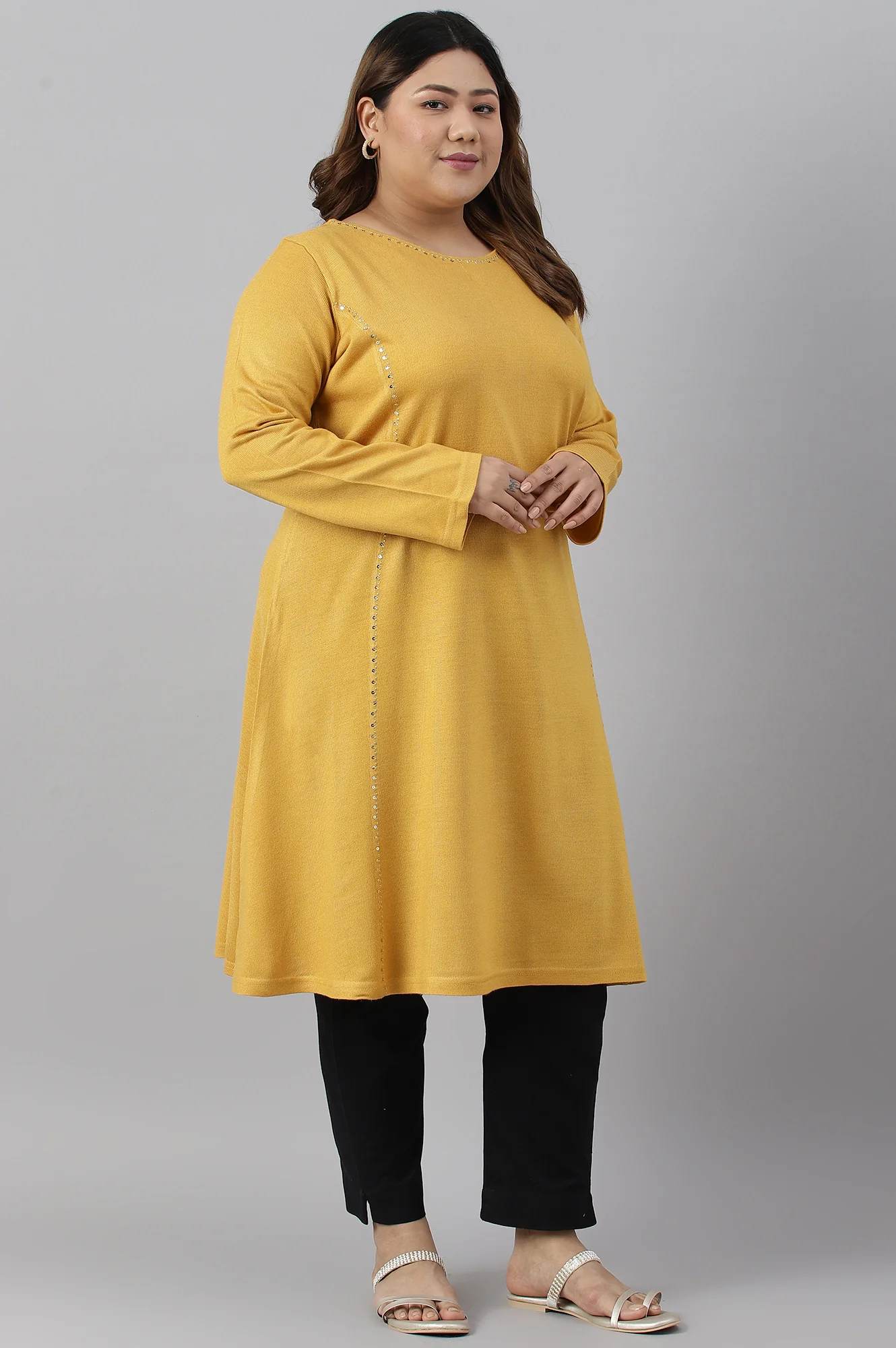 Plus Size Yellow A-Line Embroidered Winter kurta - Image 3