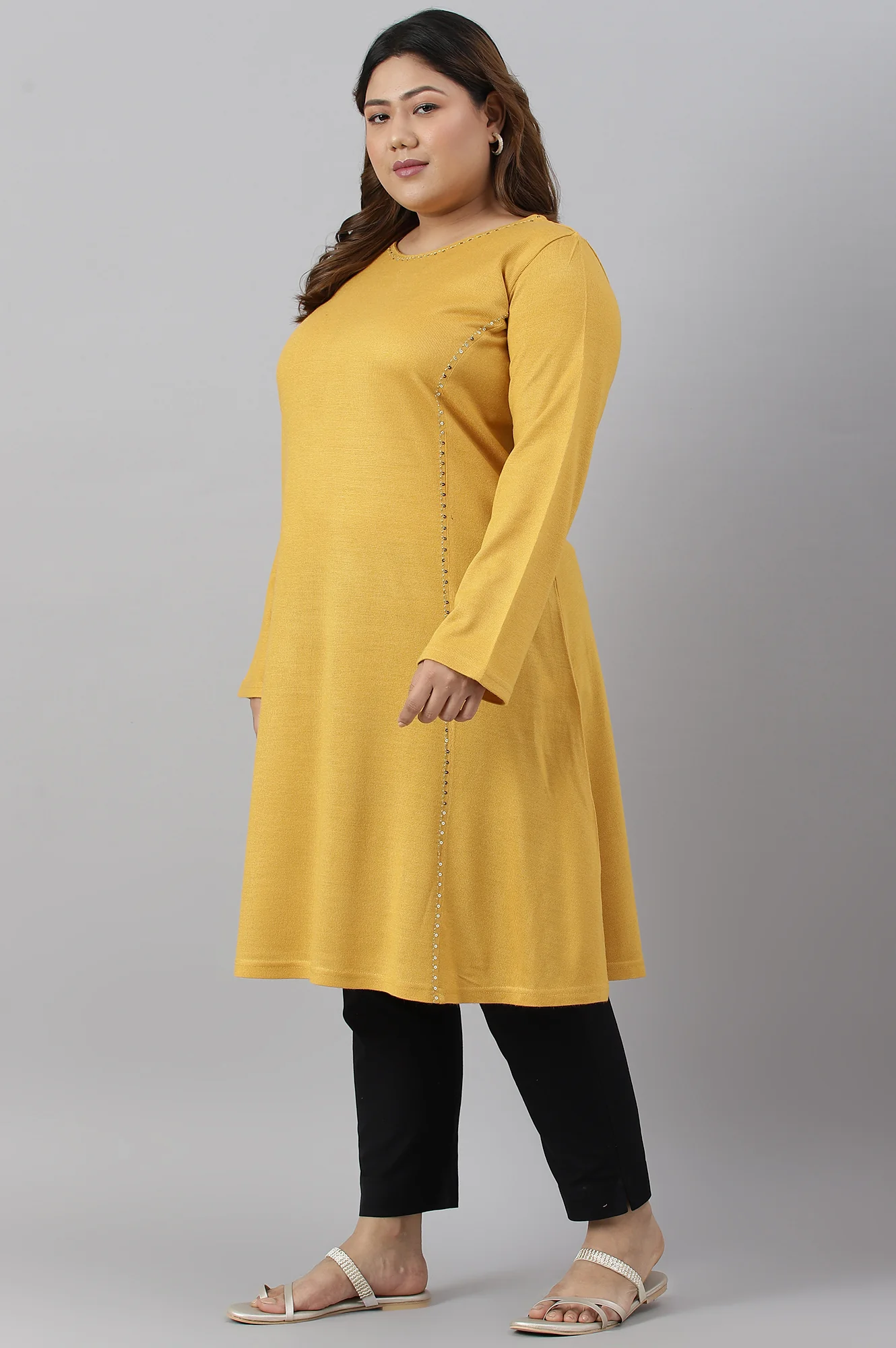 Plus Size Yellow A-Line Embroidered Winter kurta - Image 4