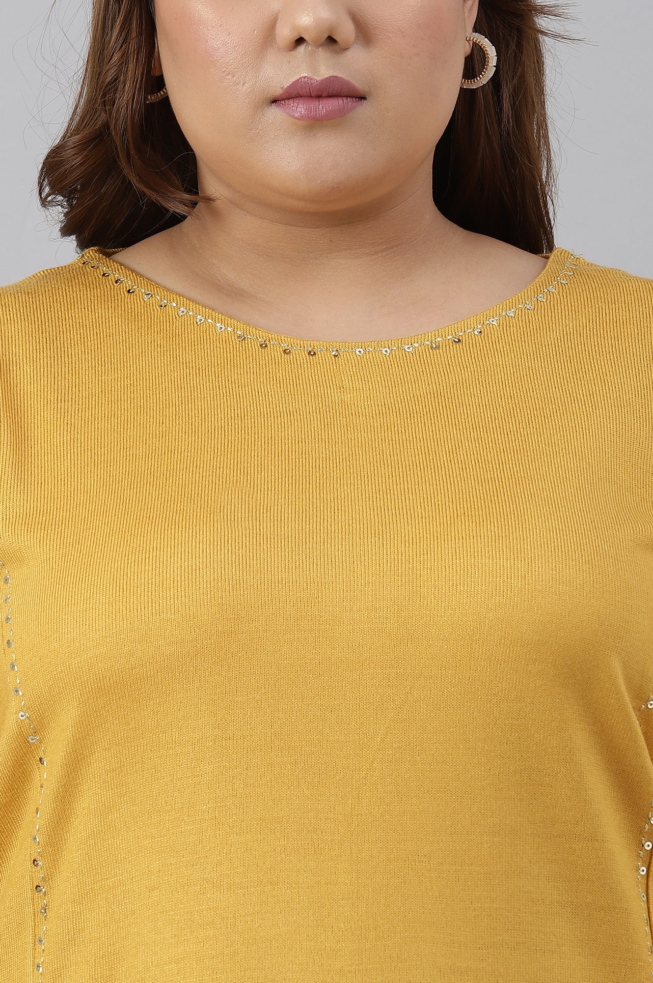 Plus Size Yellow A-Line Embroidered Winter kurta - Image 5