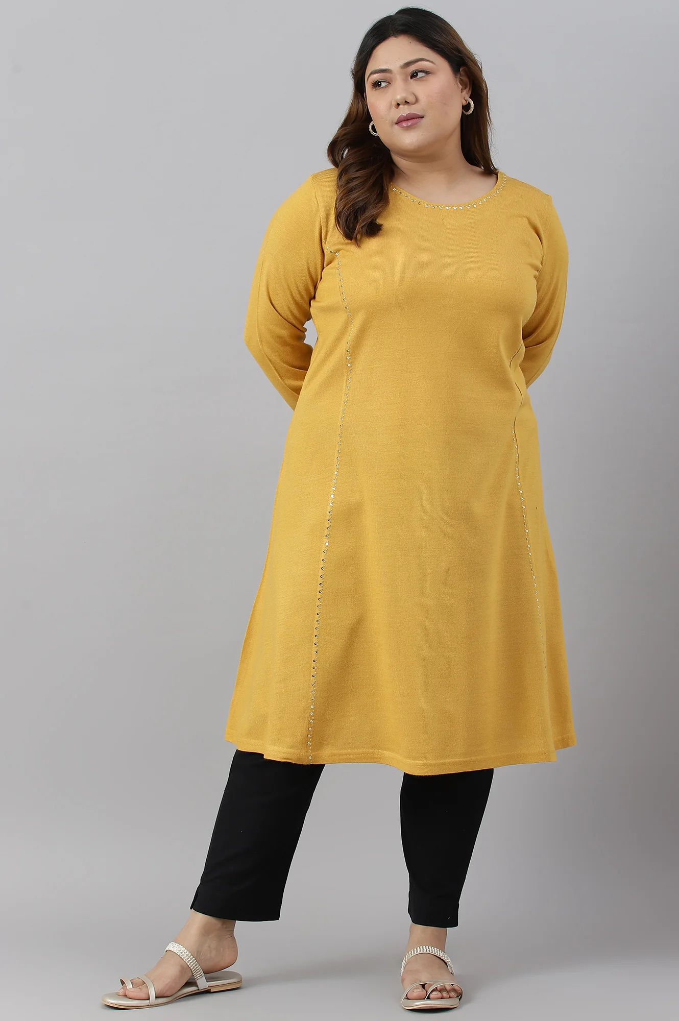 Plus Size Yellow A-Line Embroidered Winter kurta - Image 6