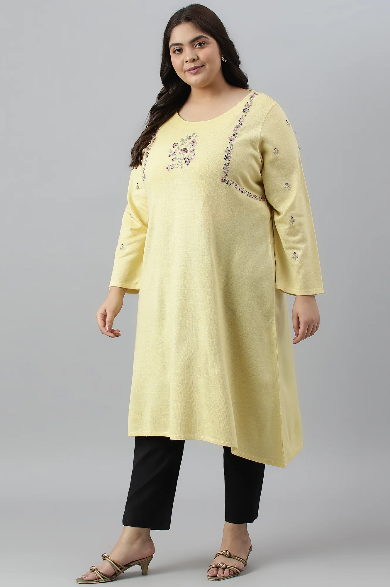 Plus Size Yellow A-Line Winter kurta With Multi-Coloured Embroidery - Image 4
