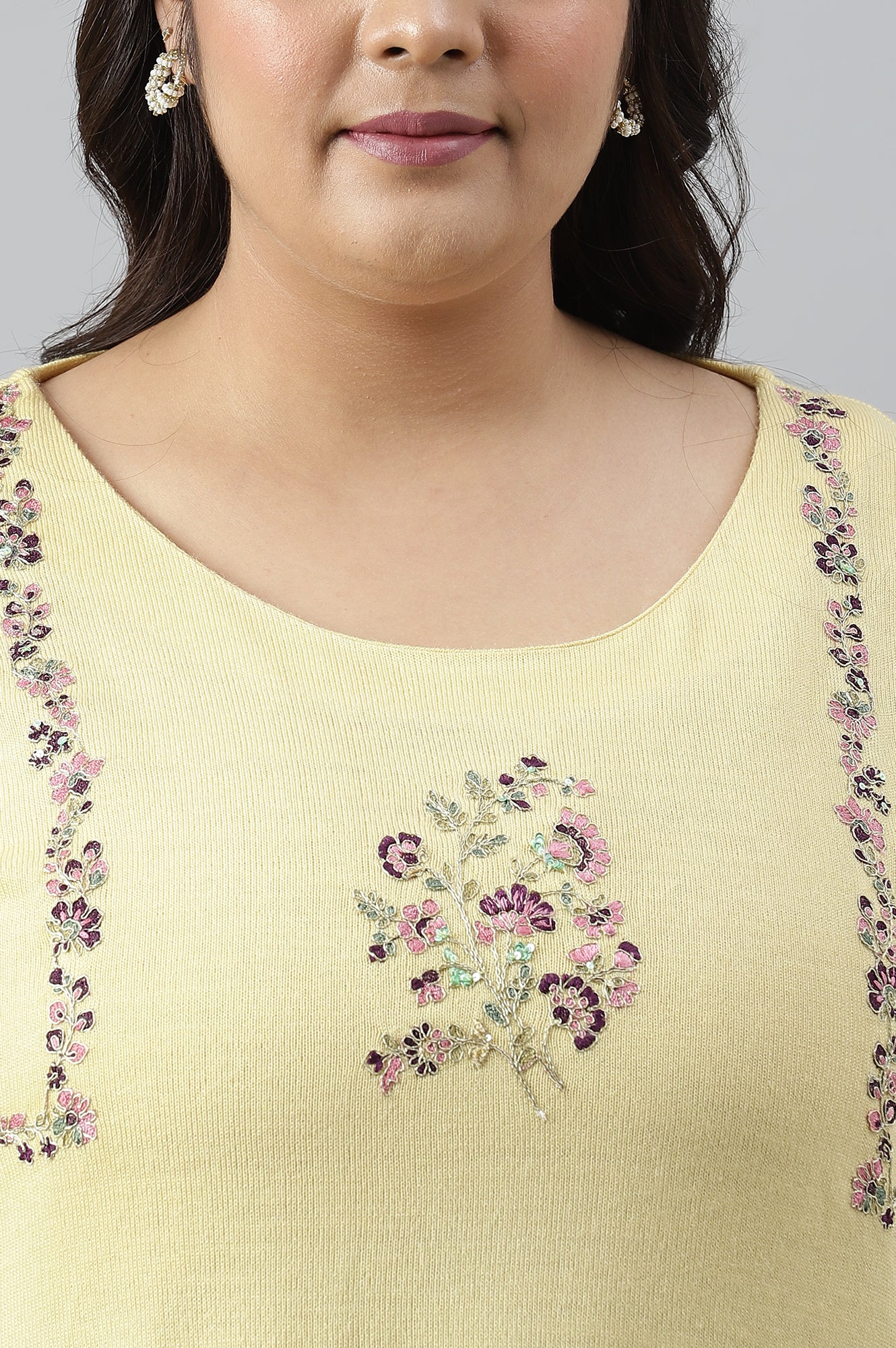 Plus Size Yellow A-Line Winter kurta With Multi-Coloured Embroidery - Image 5