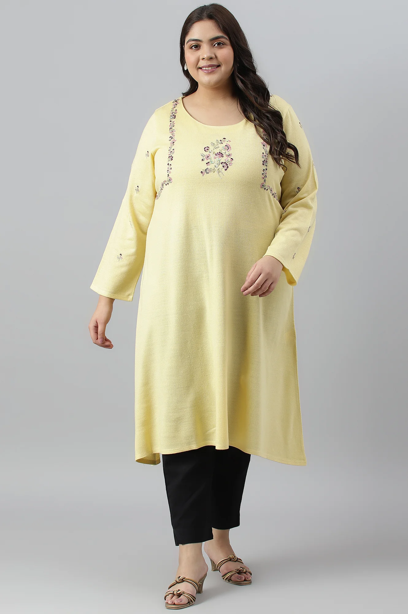 Plus Size Yellow A-Line Winter kurta With Multi-Coloured Embroidery - Image 6