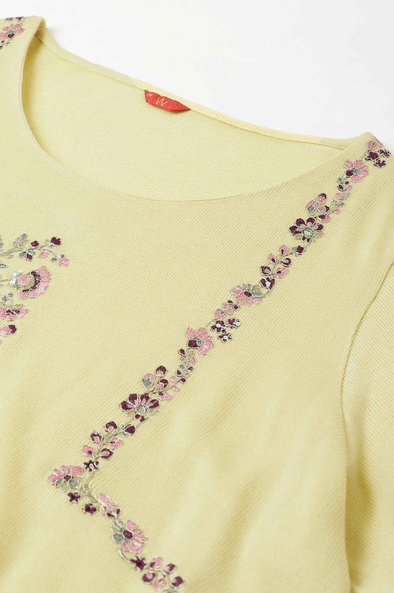 Plus Size Yellow A-Line Winter kurta With Multi-Coloured Embroidery - Image 7
