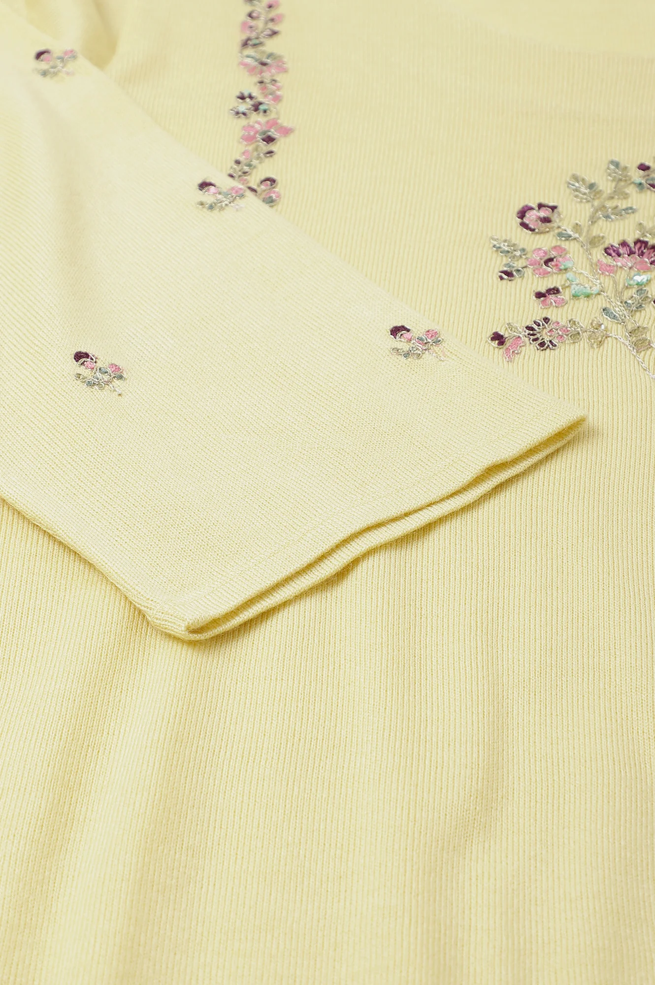 Plus Size Yellow A-Line Winter kurta With Multi-Coloured Embroidery - Image 8