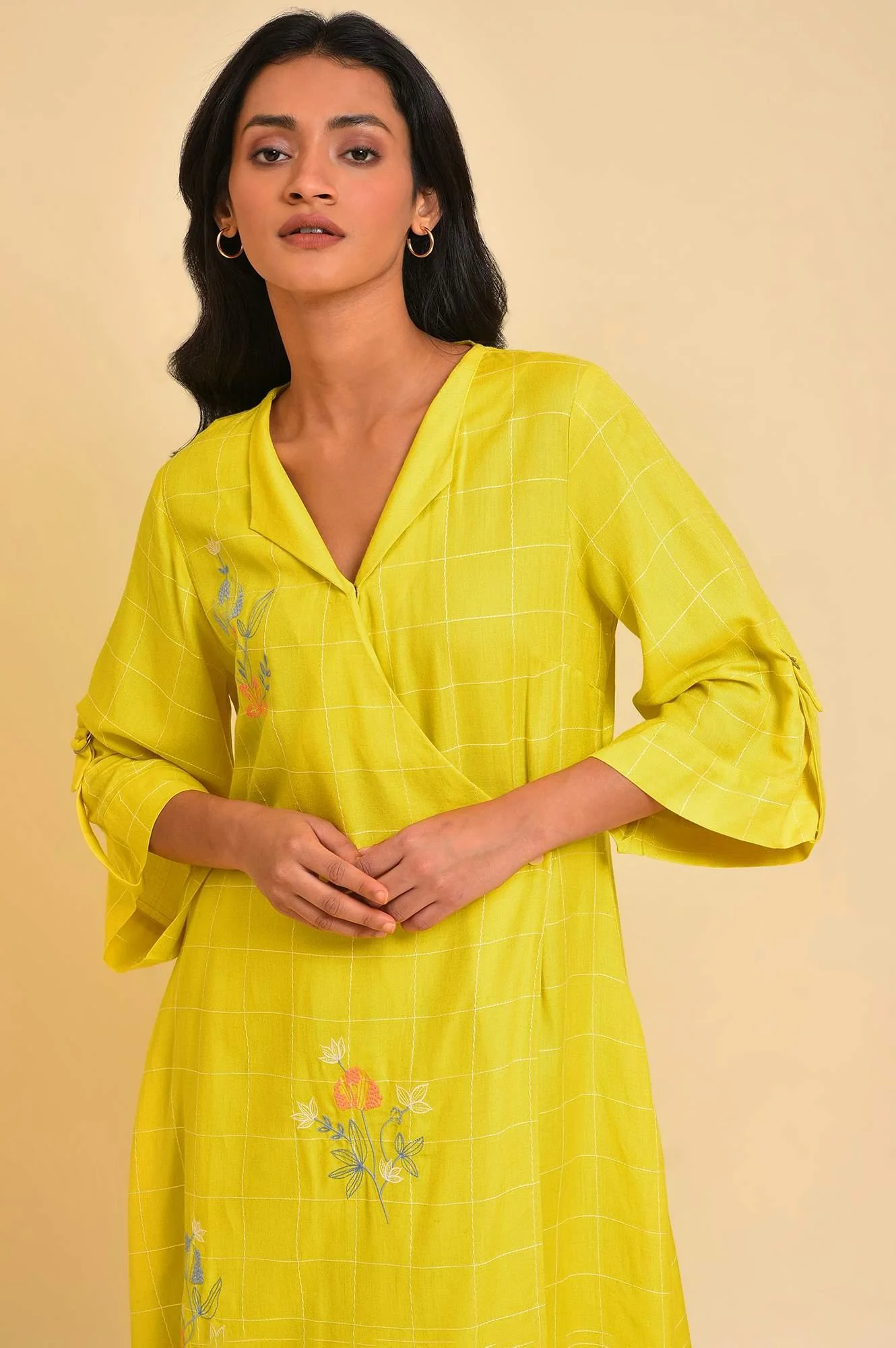 Plus Size Yellow Embroidered Checker Wrap Dress - Image 5