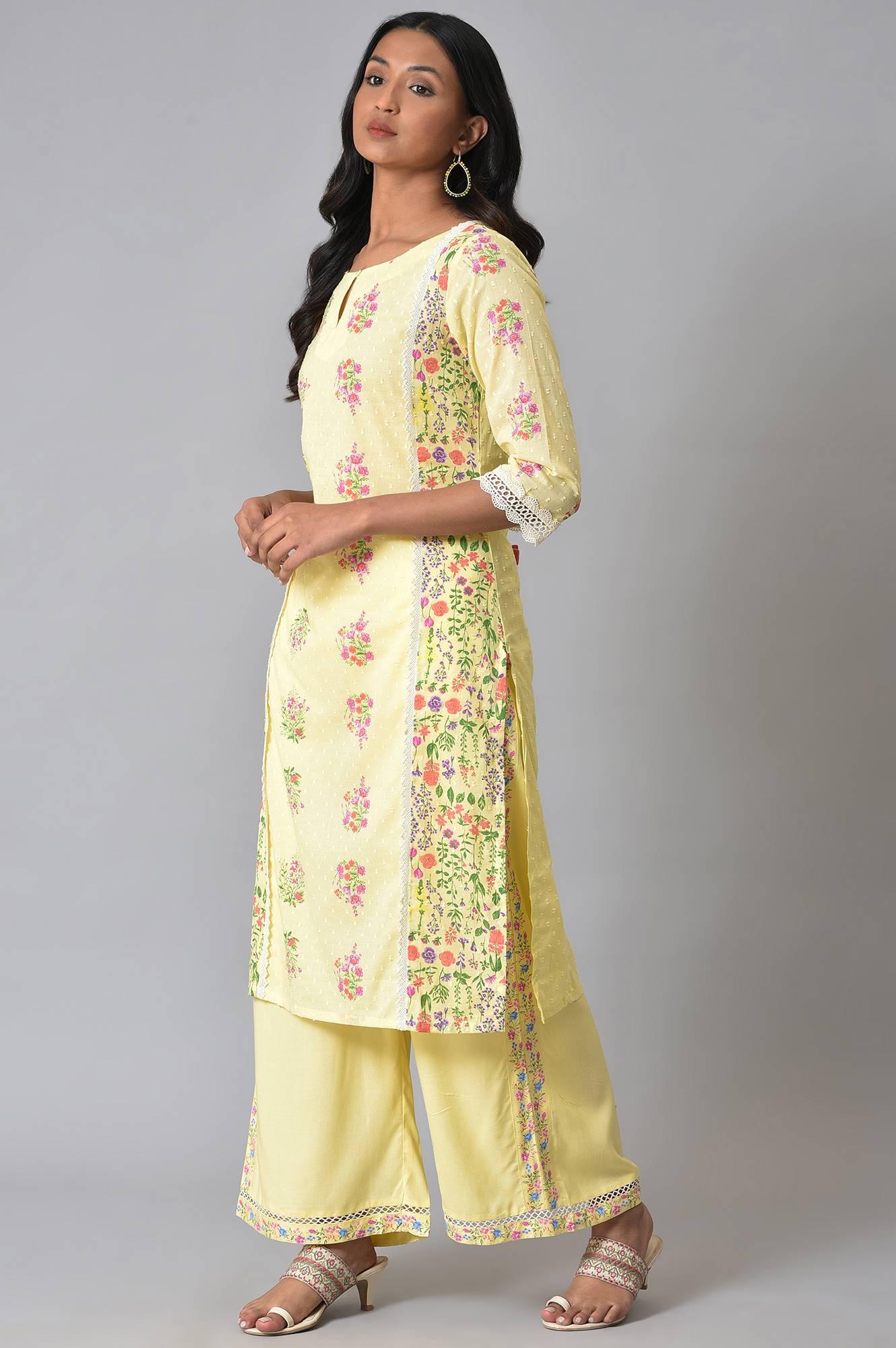 Plus Size Yellow Panelled Floral kurta With Lace Detail - Image 3