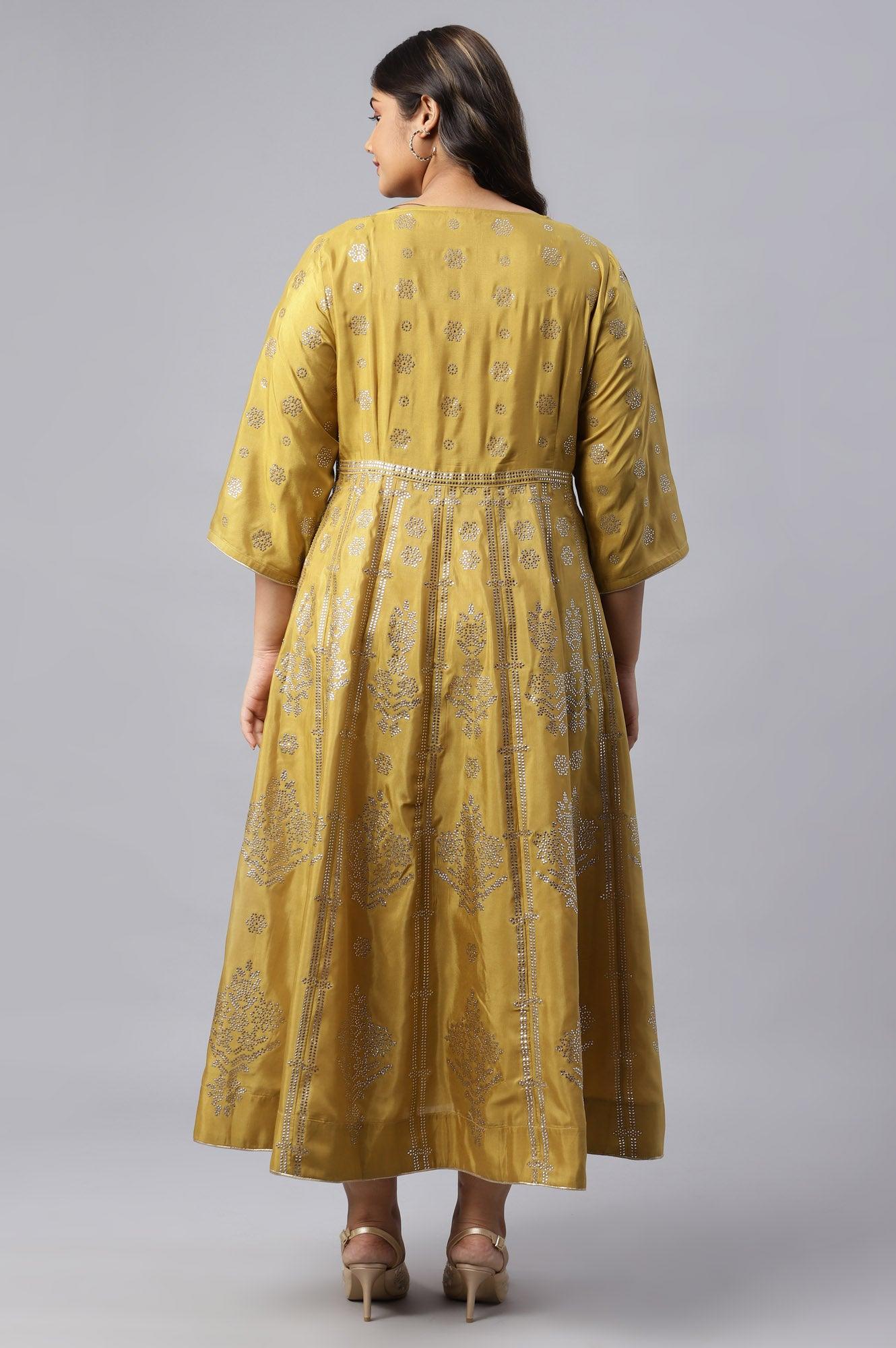 Plus Size Yellow Panelled Kalidar Ethnic Dress With Sequin - Image 2