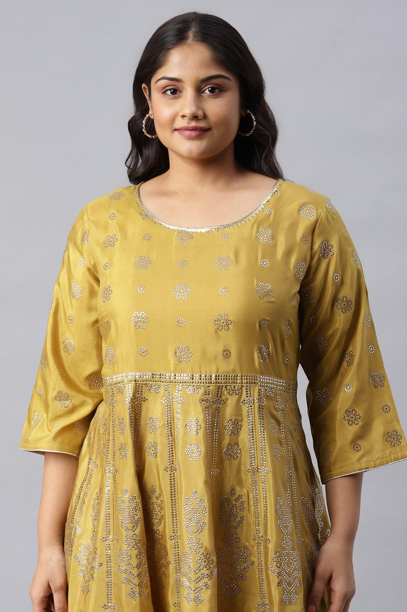 Plus Size Yellow Panelled Kalidar Ethnic Dress With Sequin - Image 5