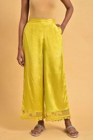 Plus Size Yellow Parallel Pants With Lace And Embroidery