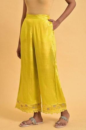 Plus Size Yellow Parallel Pants With Lace And Embroidery - Image 3