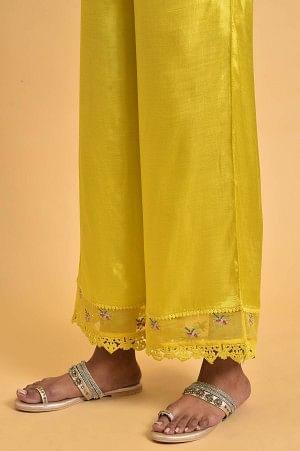 Plus Size Yellow Parallel Pants With Lace And Embroidery - Image 7