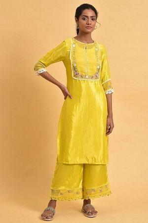 Plus Size Yellow Parallel Pants With Lace And Embroidery - Image 8