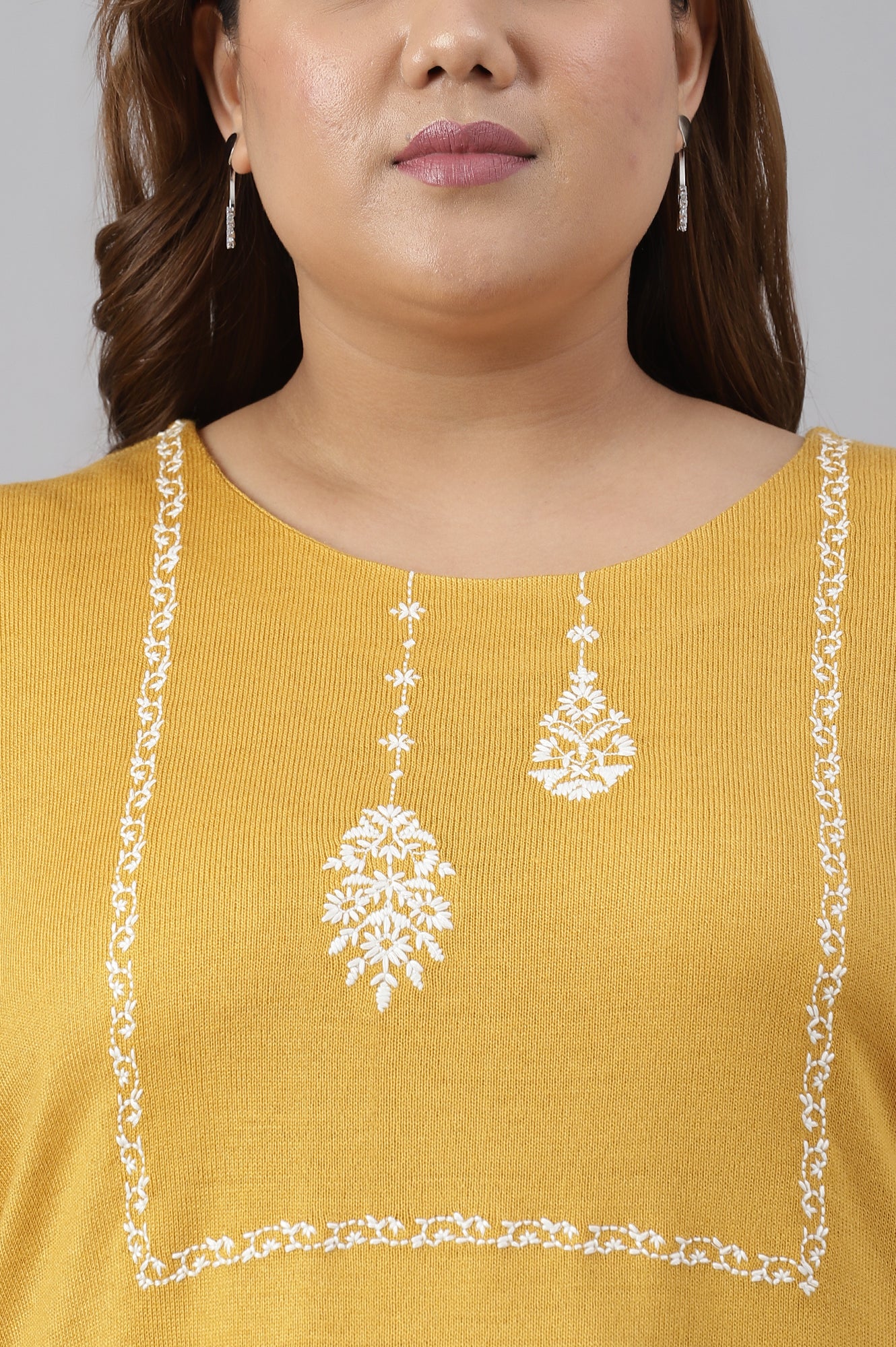 Plus Size Yellow Winter kurta With Embroidered Yoke - Image 6