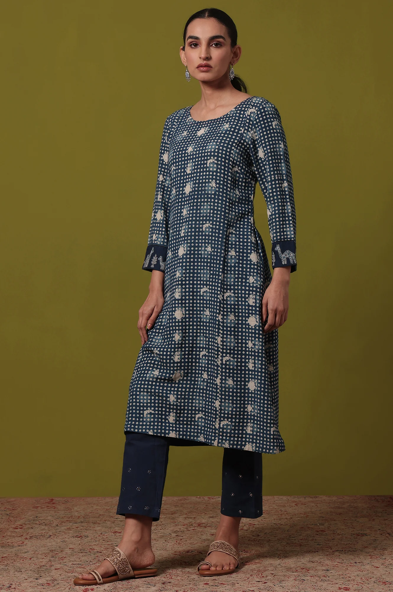Polka Print  A-line Cotton Blend Kurta - Image 5