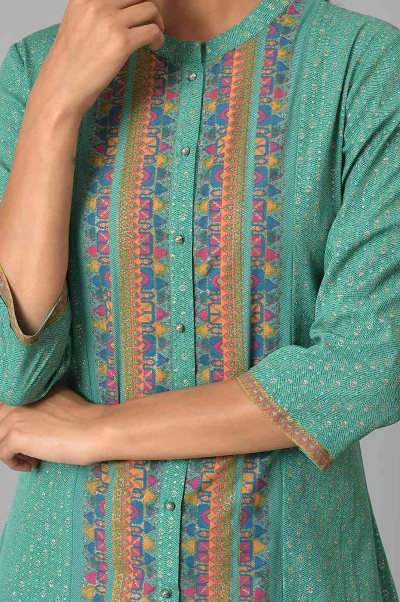 Pop Green Printed Festive Full Placket kurta - Image 2