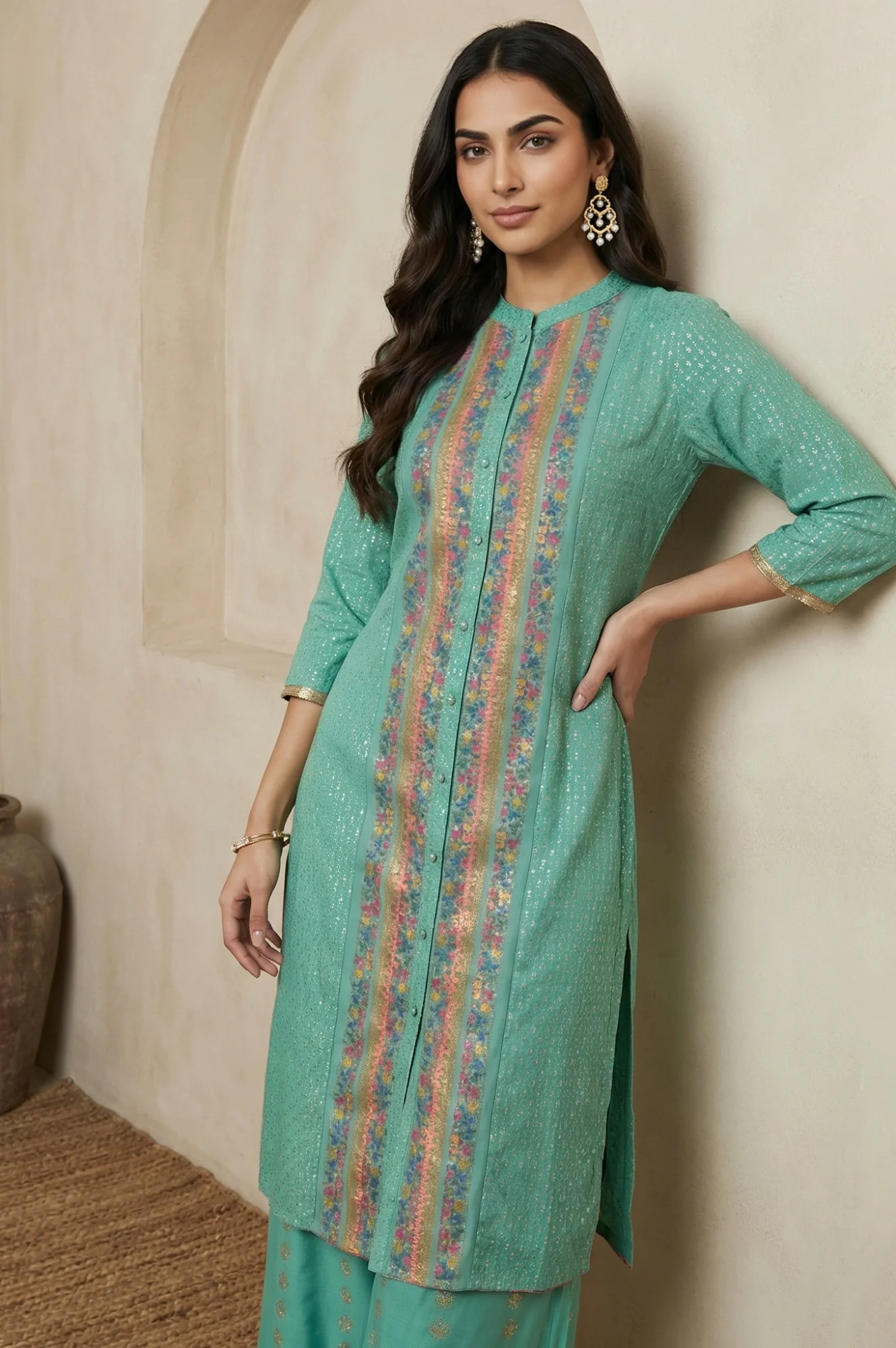 Pop Green Printed Festive Full Placket kurta - Image 3