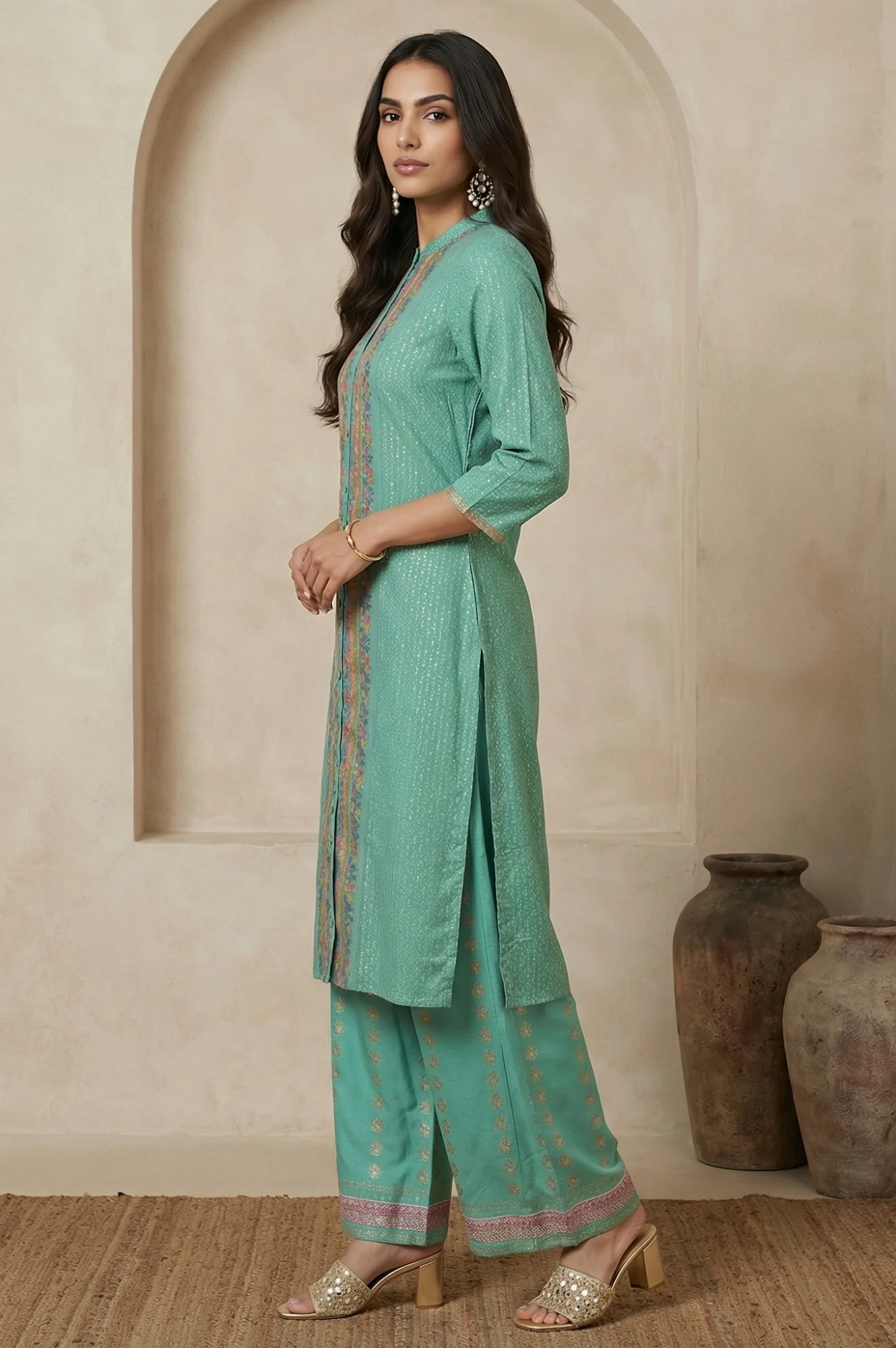 Pop Green Printed Festive Full Placket kurta - Image 4