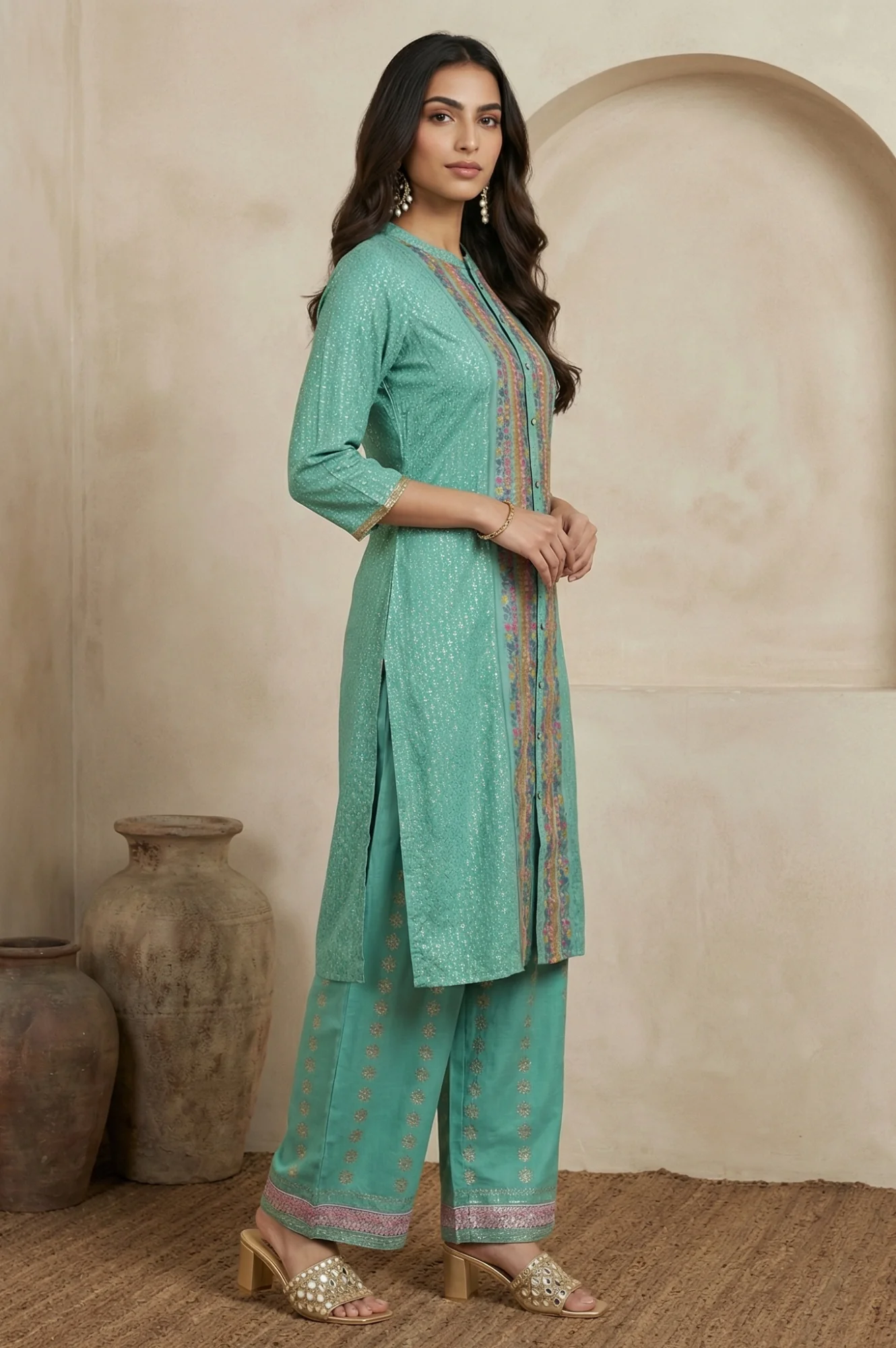Pop Green Printed Festive Full Placket kurta - Image 6