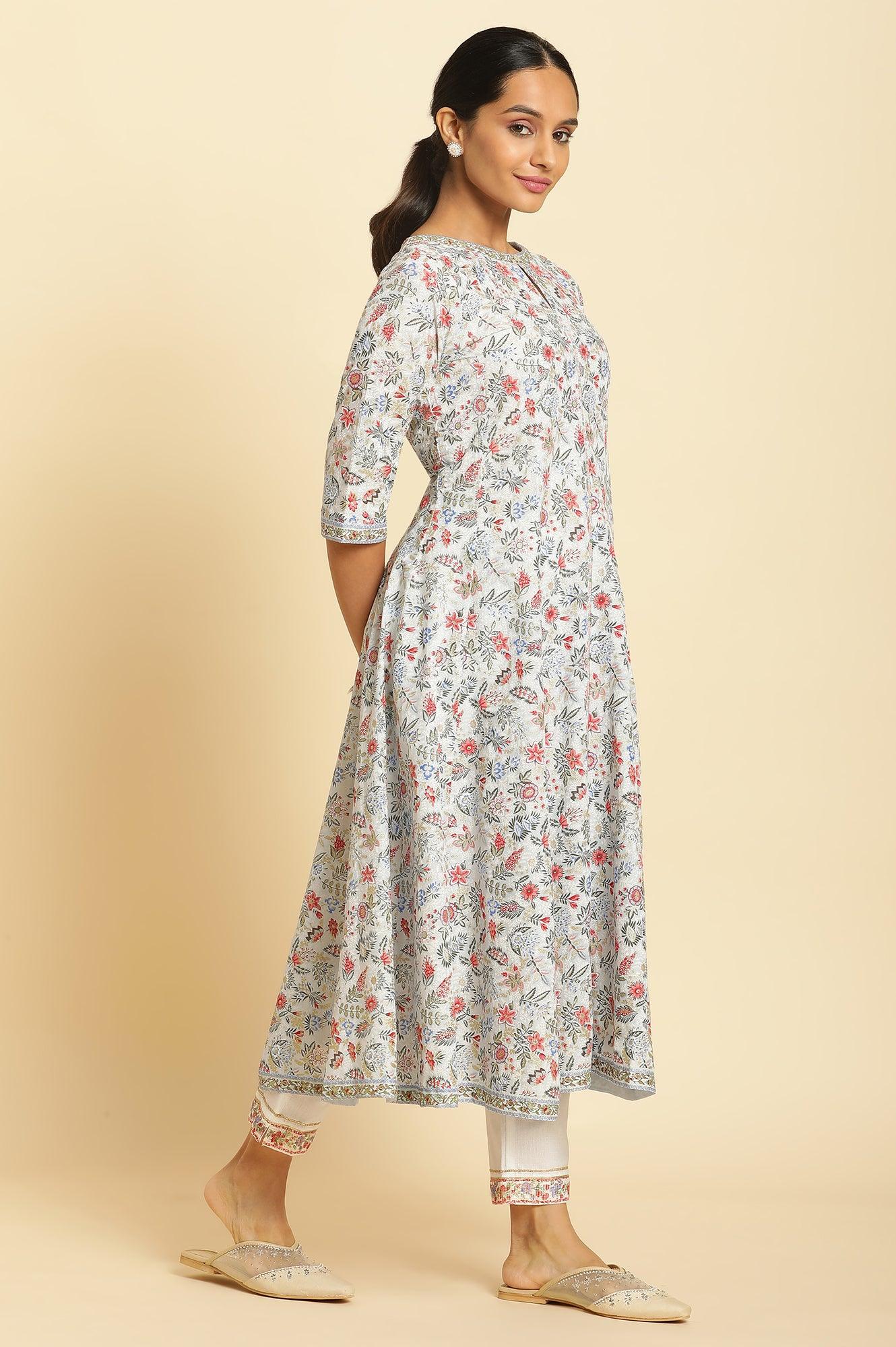 Powder Blue Floral Printed Flared Kurta - Image 4