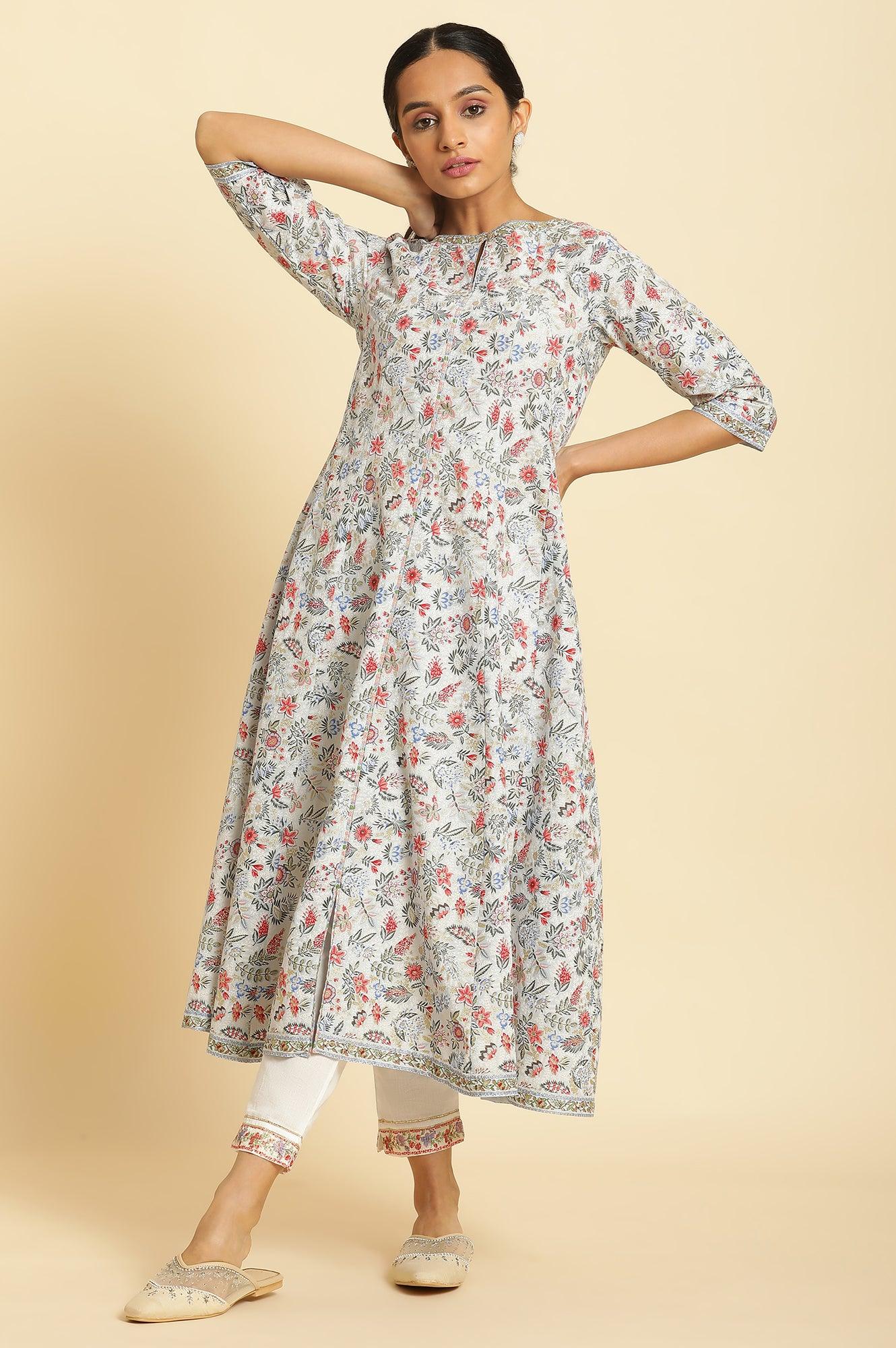 Powder Blue Floral Printed Flared Kurta - Image 5