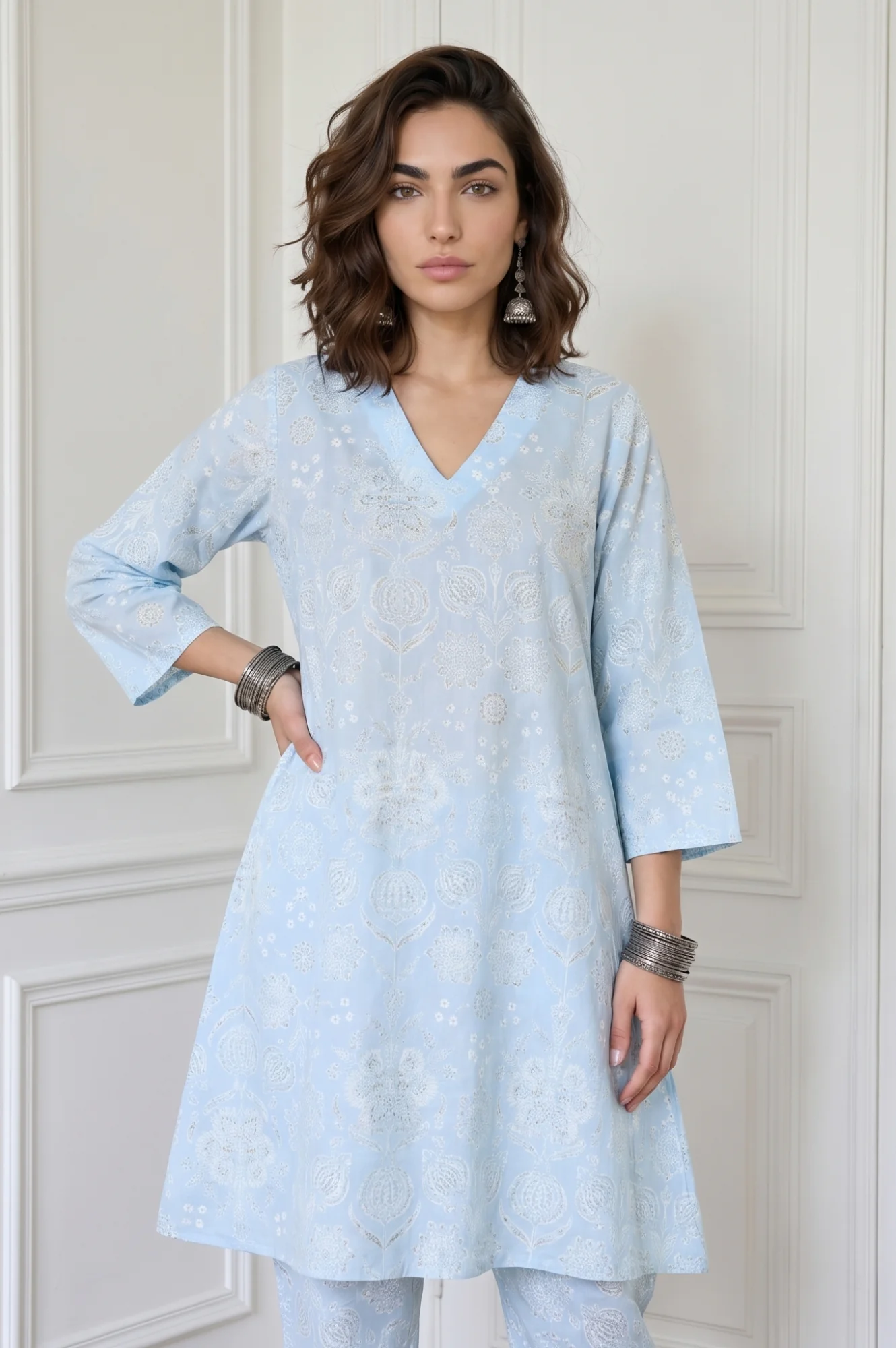 Powder Blue Floral Printed Pure Cotton A-line Kurta - Image 2