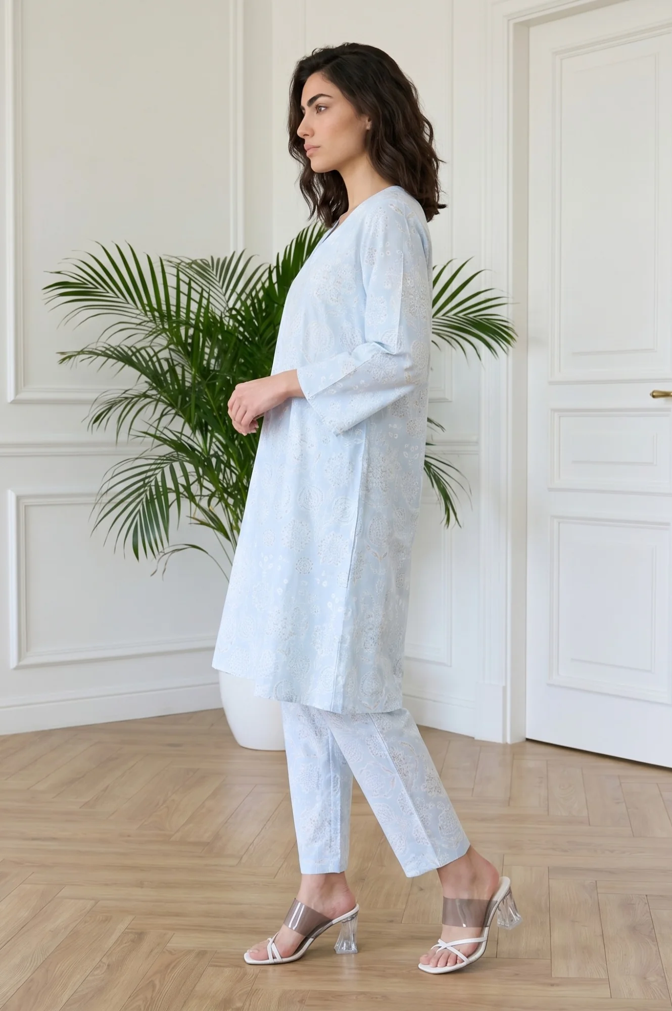 Powder Blue Floral Printed Pure Cotton A-line Kurta - Image 4
