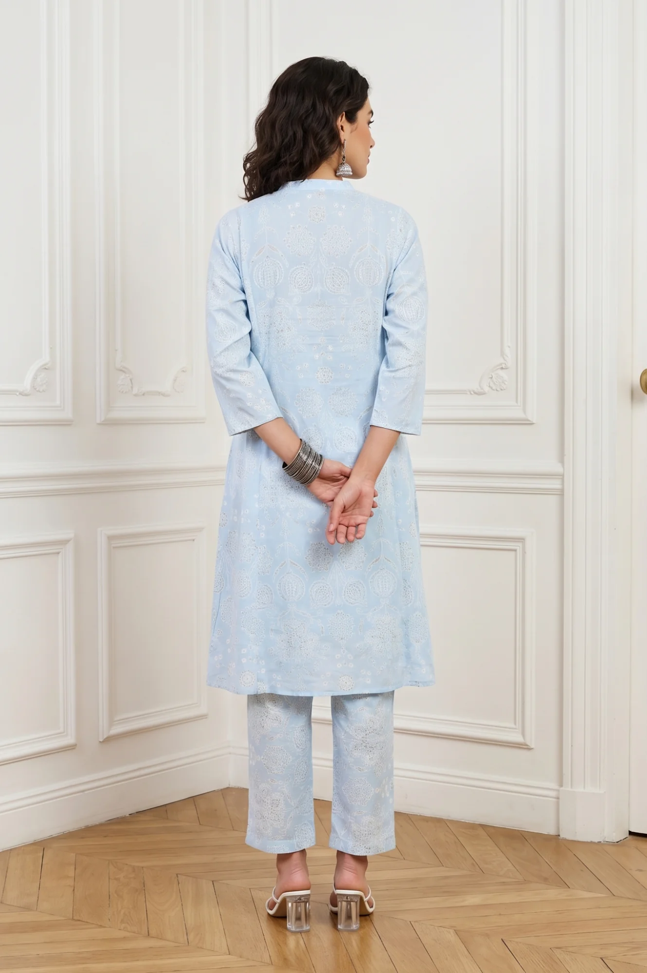 Powder Blue Floral Printed Pure Cotton A-line Kurta - Image 5
