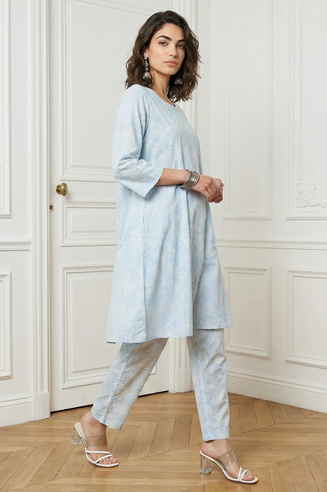 Powder Blue Floral Printed Pure Cotton A-line Kurta - Image 6