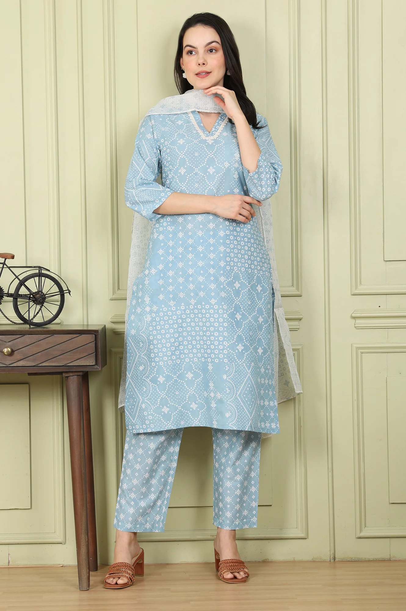 Powder Blue Geometric Printed Pure Cotton Straight Kurta, Pants And Dupatta Set - Image 2