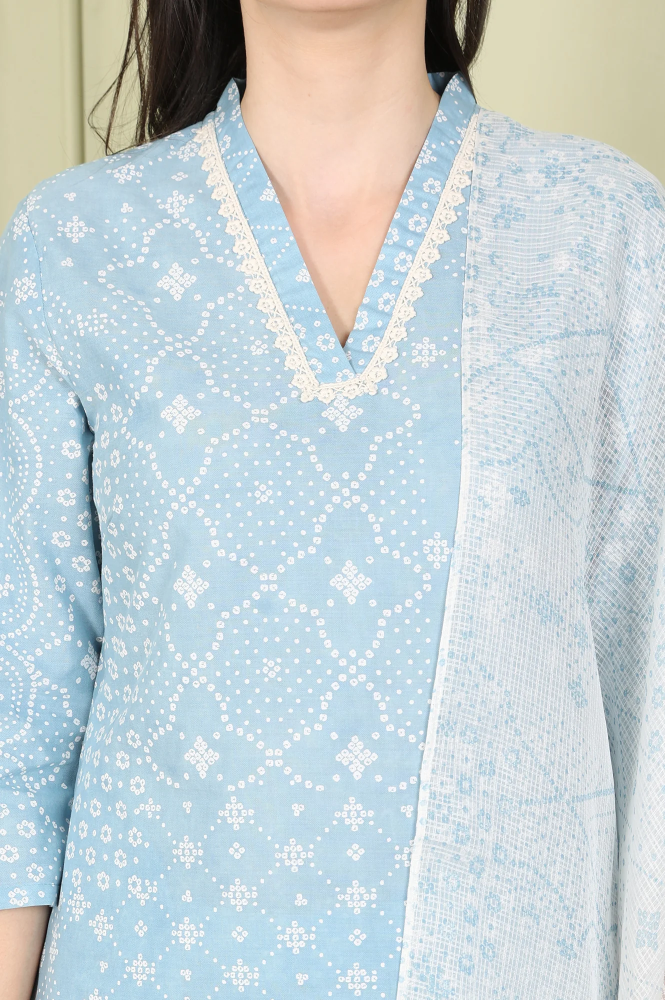 Powder Blue Geometric Printed Pure Cotton Straight Kurta, Pants And Dupatta Set - Image 3