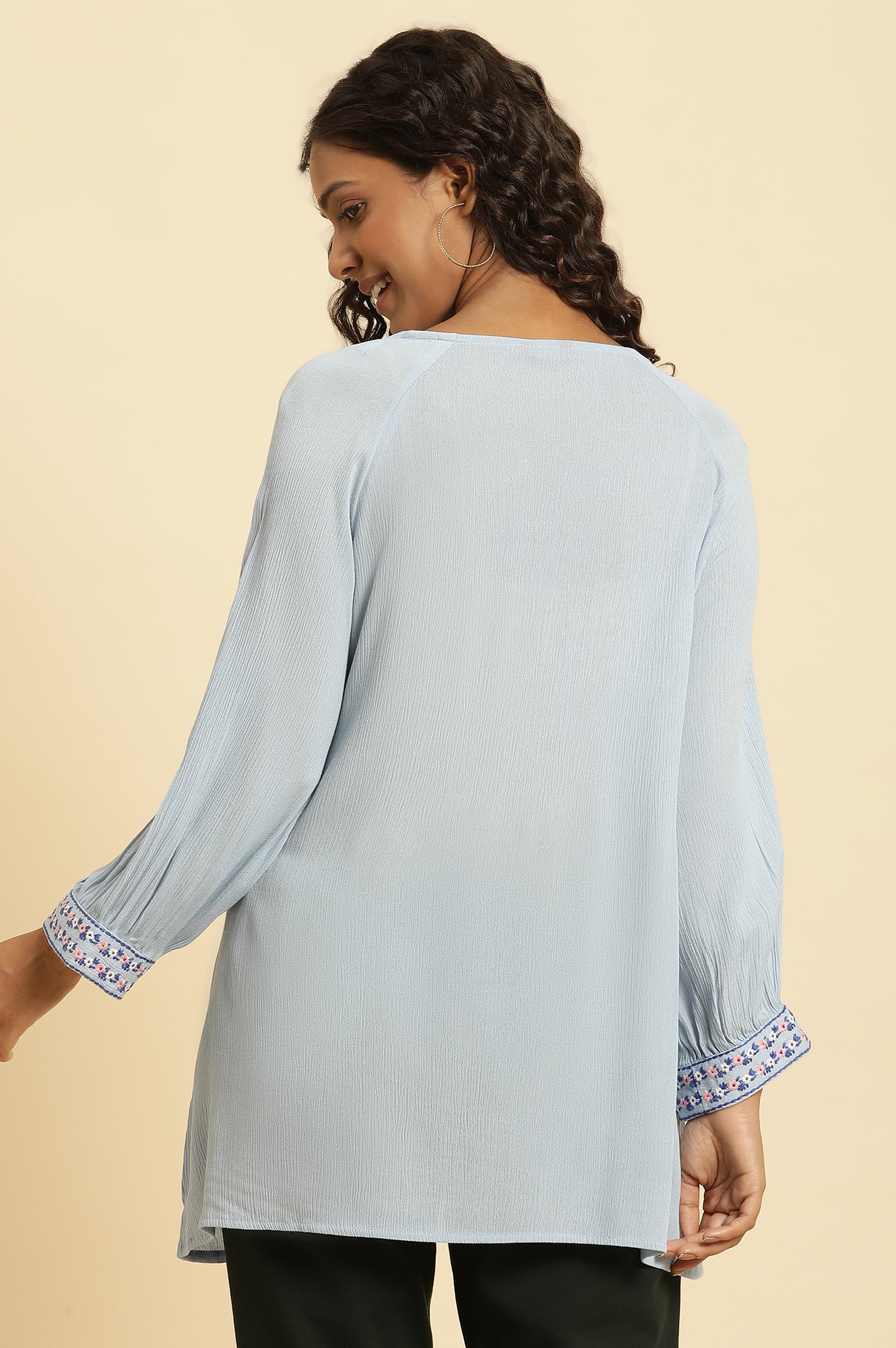 Powder Blue Embroidered Yoke Rayon Crepe Straight Top - Image 3