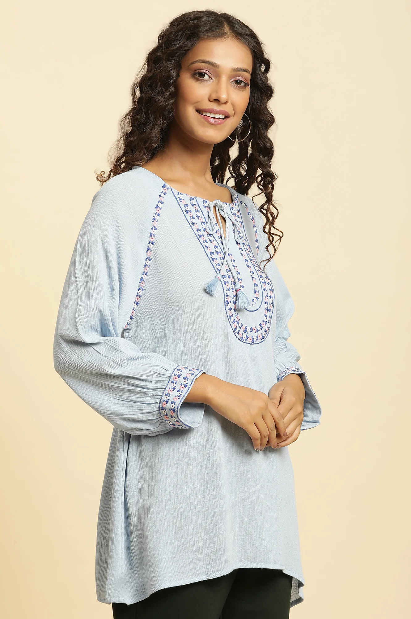 Powder Blue Embroidered Yoke Rayon Crepe Straight Top - Image 4