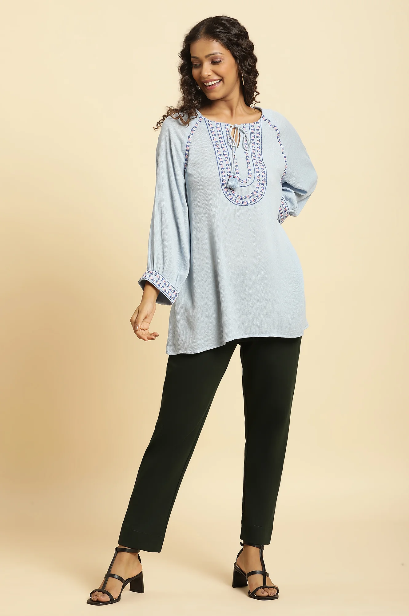 Powder Blue Embroidered Yoke Rayon Crepe Straight Top - Image 5