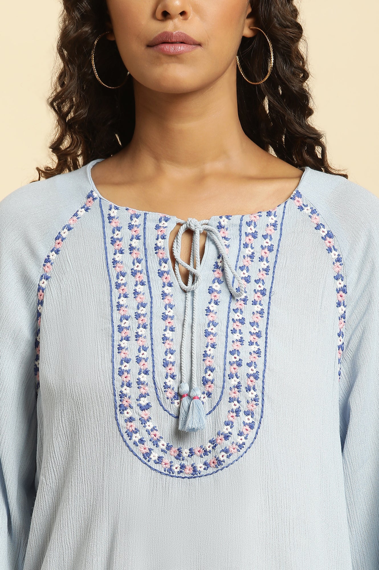 Powder Blue Embroidered Yoke Rayon Crepe Straight Top - Image 6