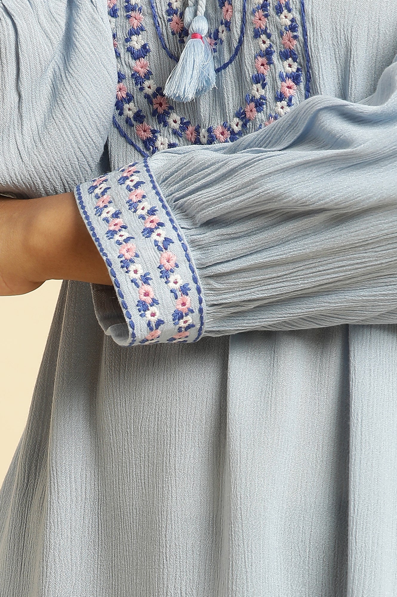 Powder Blue Embroidered Yoke Rayon Crepe Straight Top - Image 7