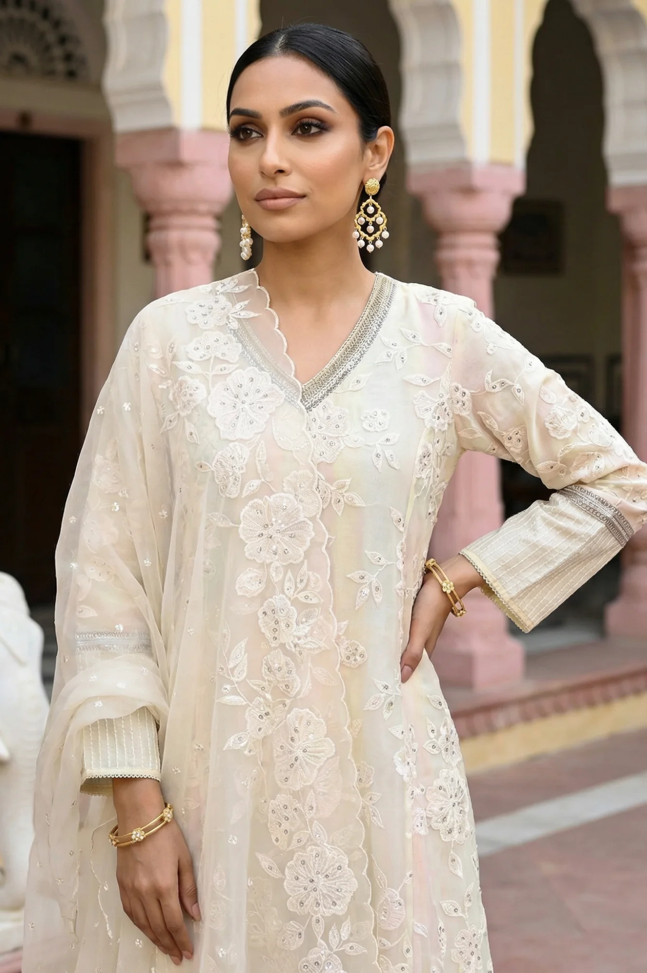 Powder Yellow Sequins Embroidered Straight Georgette Kurta with Straight Pants and Dupatta Set - Image 3