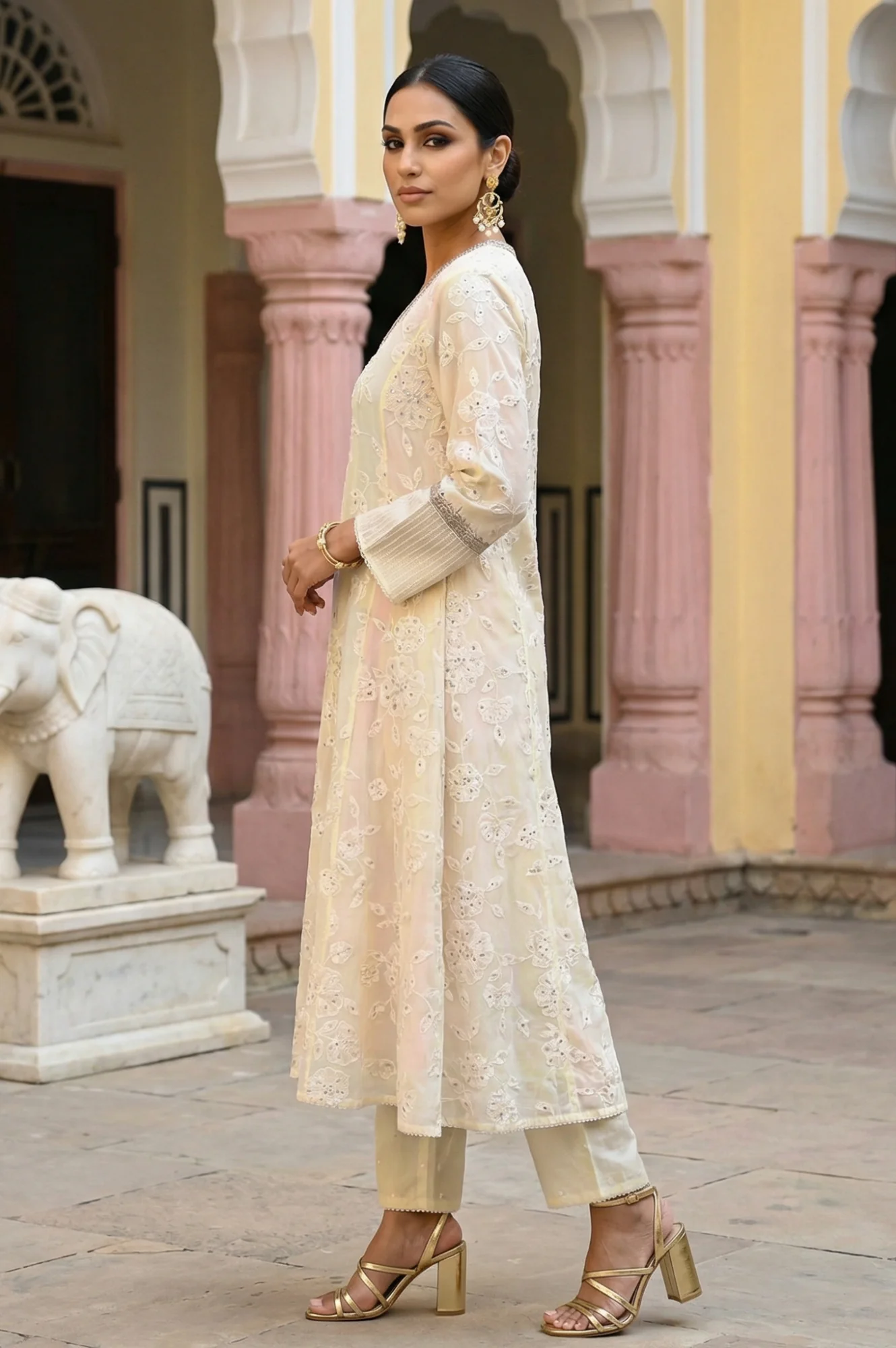 Powder Yellow Sequins Embroidered Straight Georgette Kurta with Straight Pants and Dupatta Set - Image 4