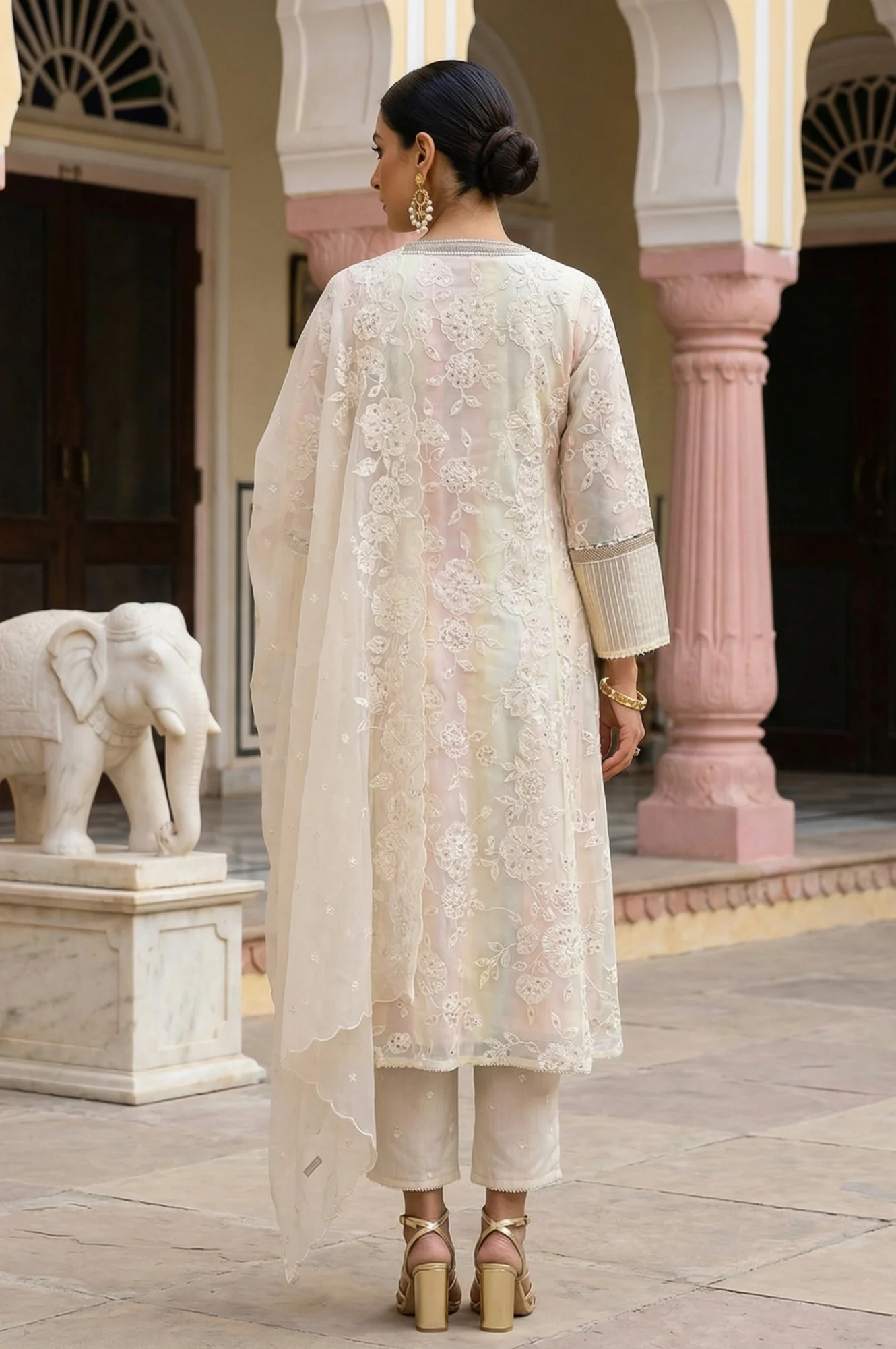 Powder Yellow Sequins Embroidered Straight Georgette Kurta with Straight Pants and Dupatta Set - Image 5