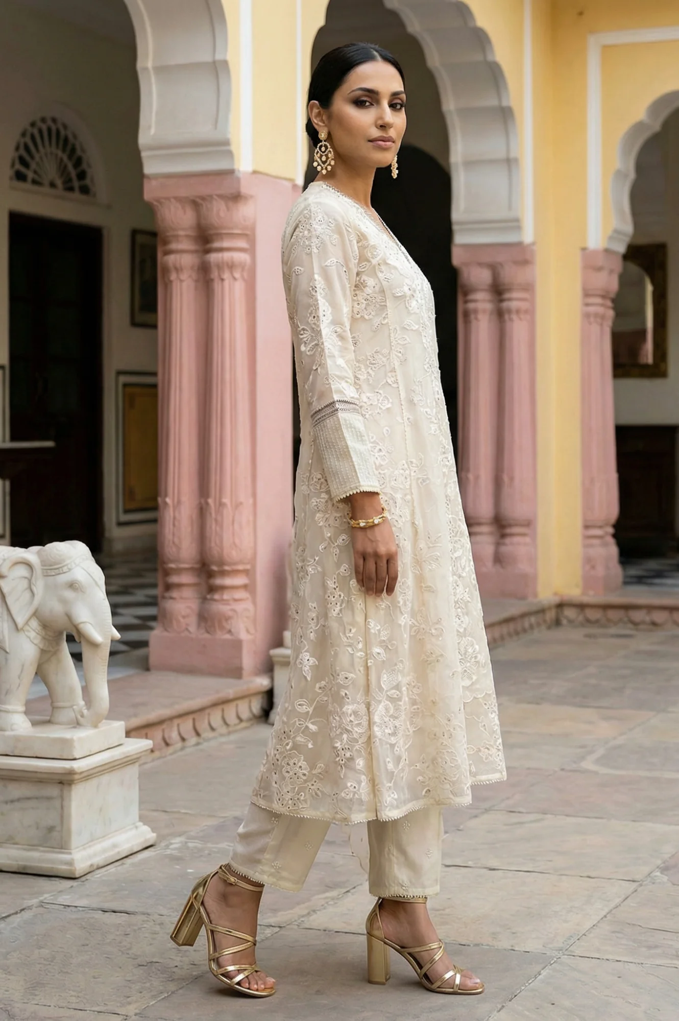 Powder Yellow Sequins Embroidered Straight Georgette Kurta with Straight Pants and Dupatta Set - Image 6