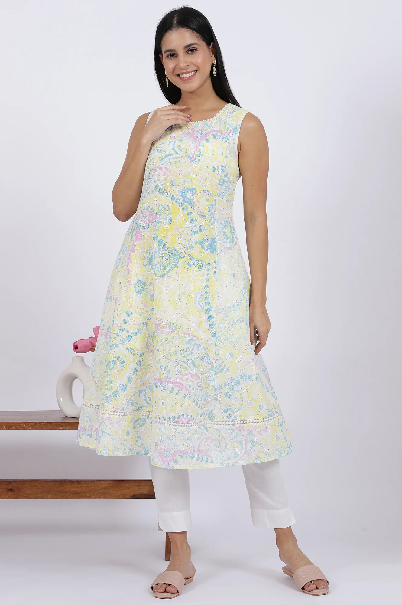 Multicolor Printed Flared Pure Cotton Kurta - Image 2