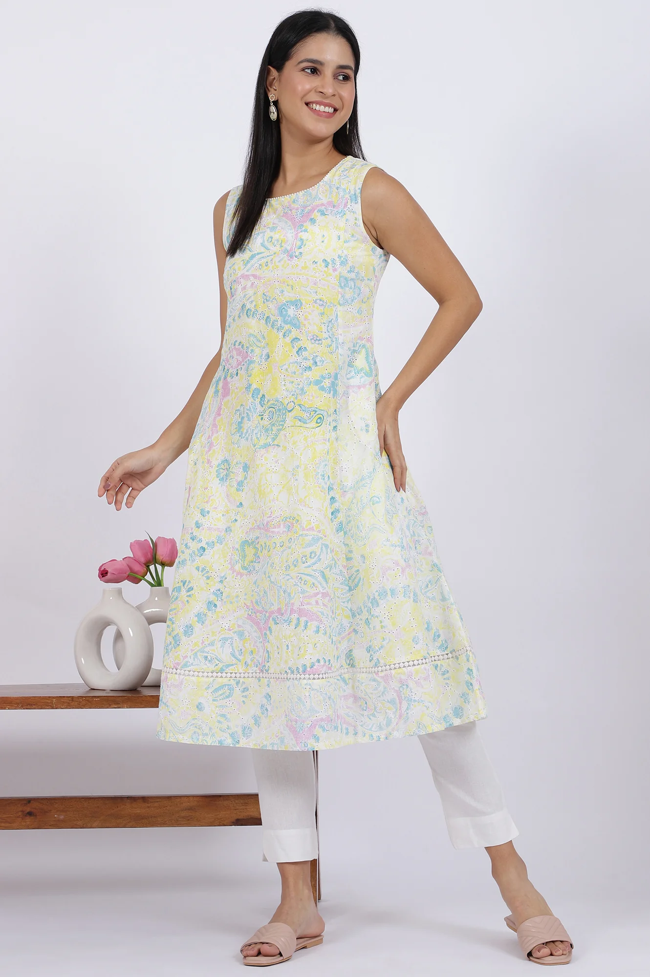 Multicolor Printed Flared Pure Cotton Kurta - Image 3