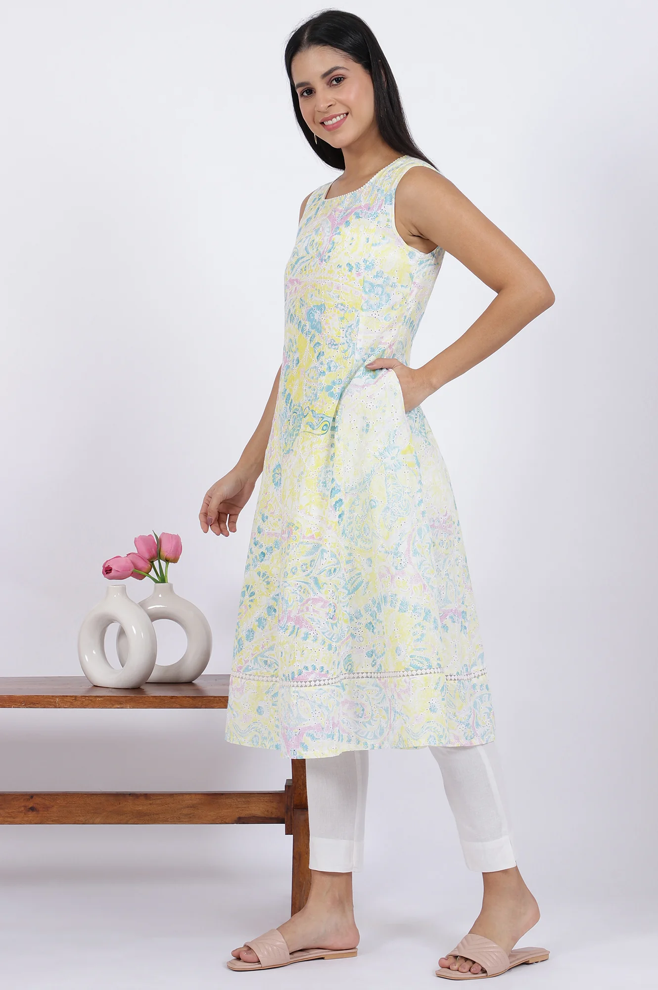 Multicolor Printed Flared Pure Cotton Kurta - Image 5