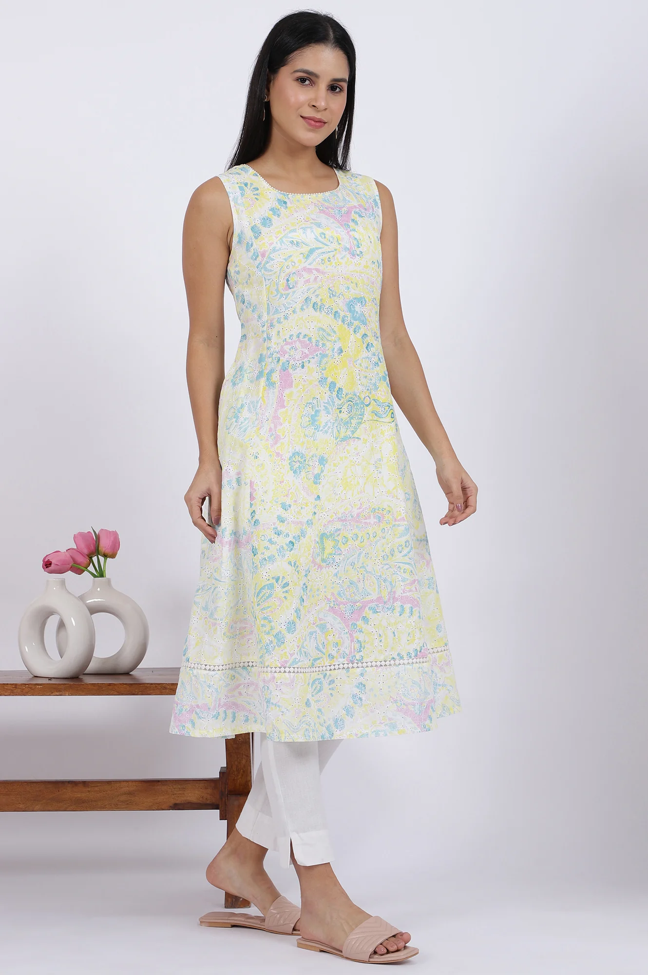 Multicolor Printed Flared Pure Cotton Kurta - Image 7