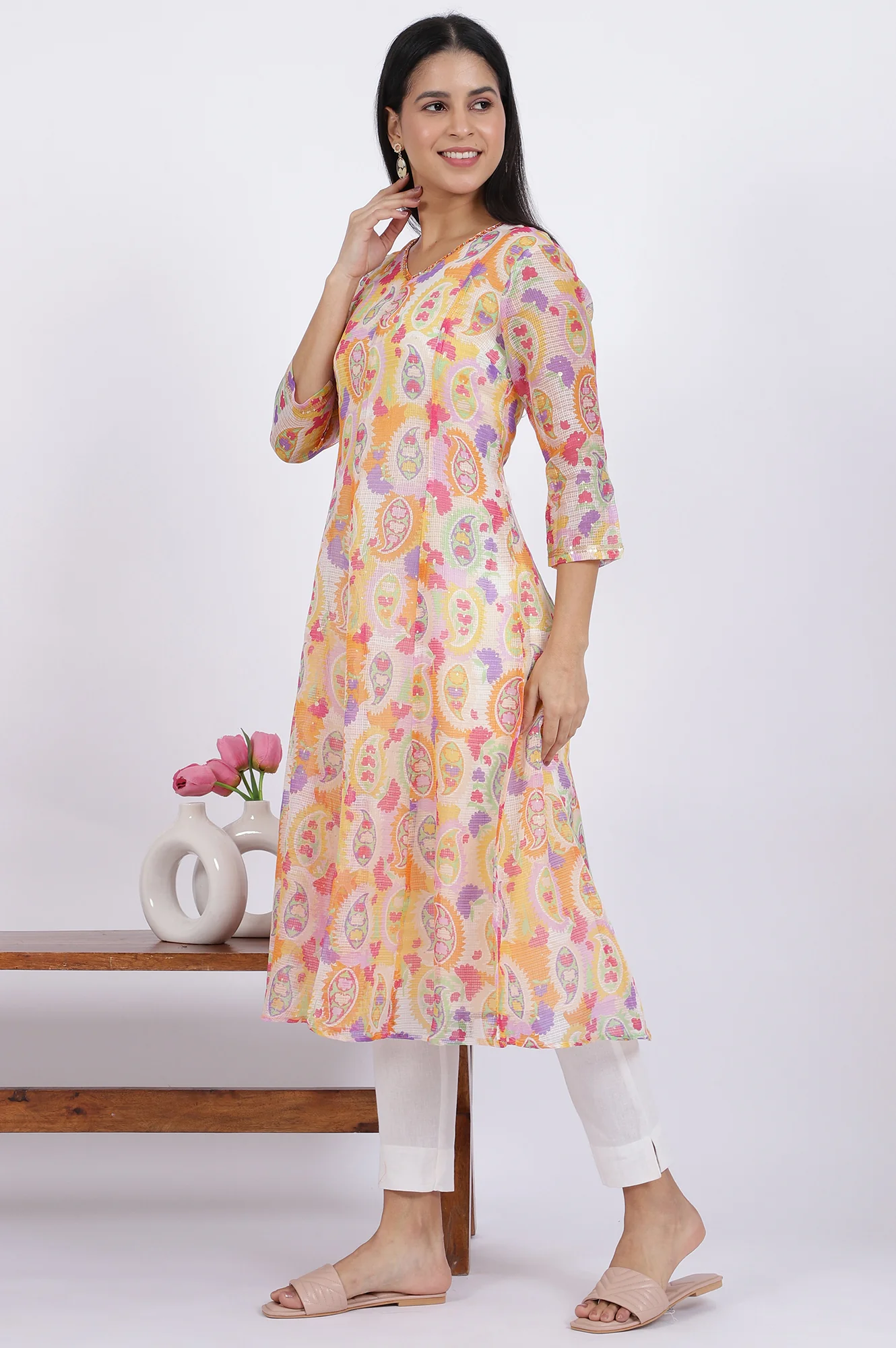 Printed Kota Doria Anarkali Kurta - Image 5