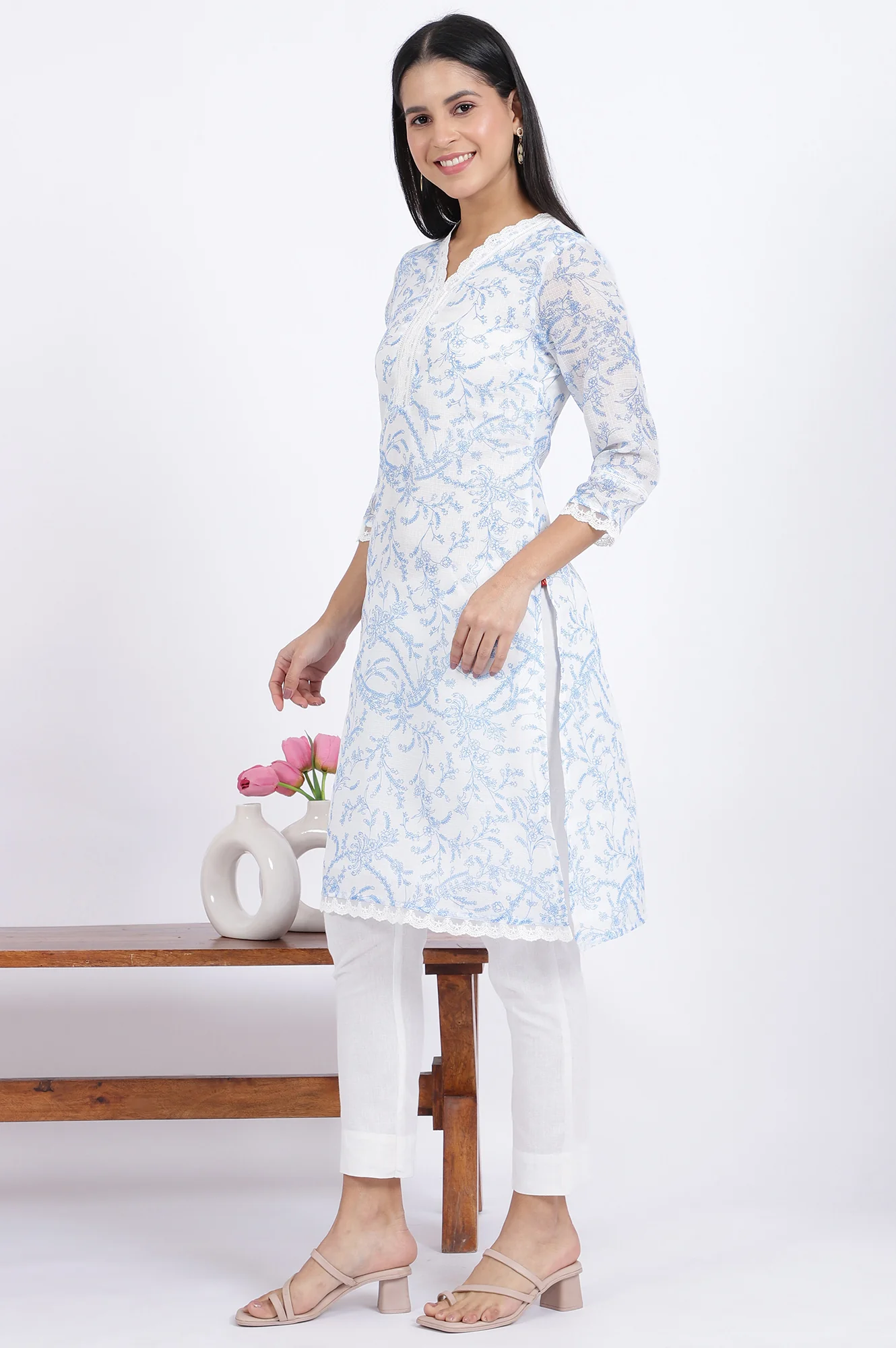 White Floral Printed Lace Straight Kota Kurta - Image 3