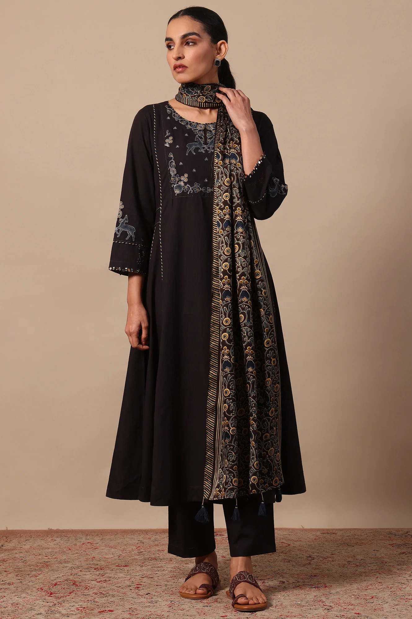 Printed Thread Embroidery Flared Pure Cotton Kurta & Straight Pants with Dupatta Set - Image 2
